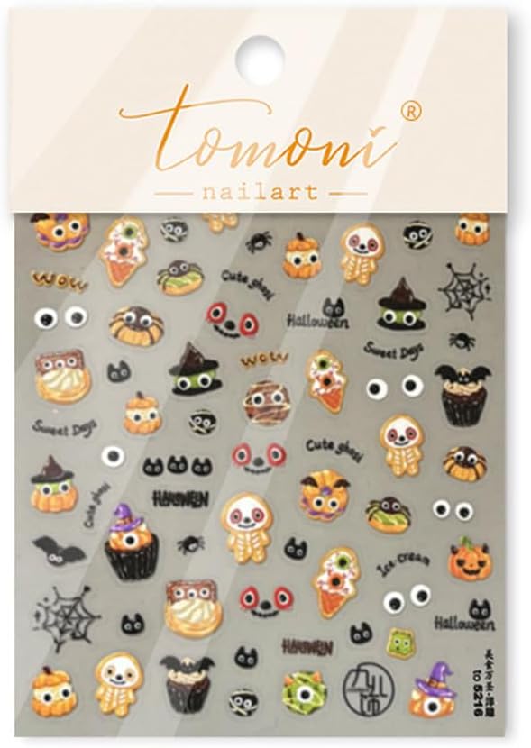 5D Halloween Nail Stickers Cute Nail Art Decals Self-Adhesive Cute Bear Horror Pumpkin Evil Eyes,Halloween-Themed Design DIY Holiday Decoration for Women Kids Party 1 Sheet