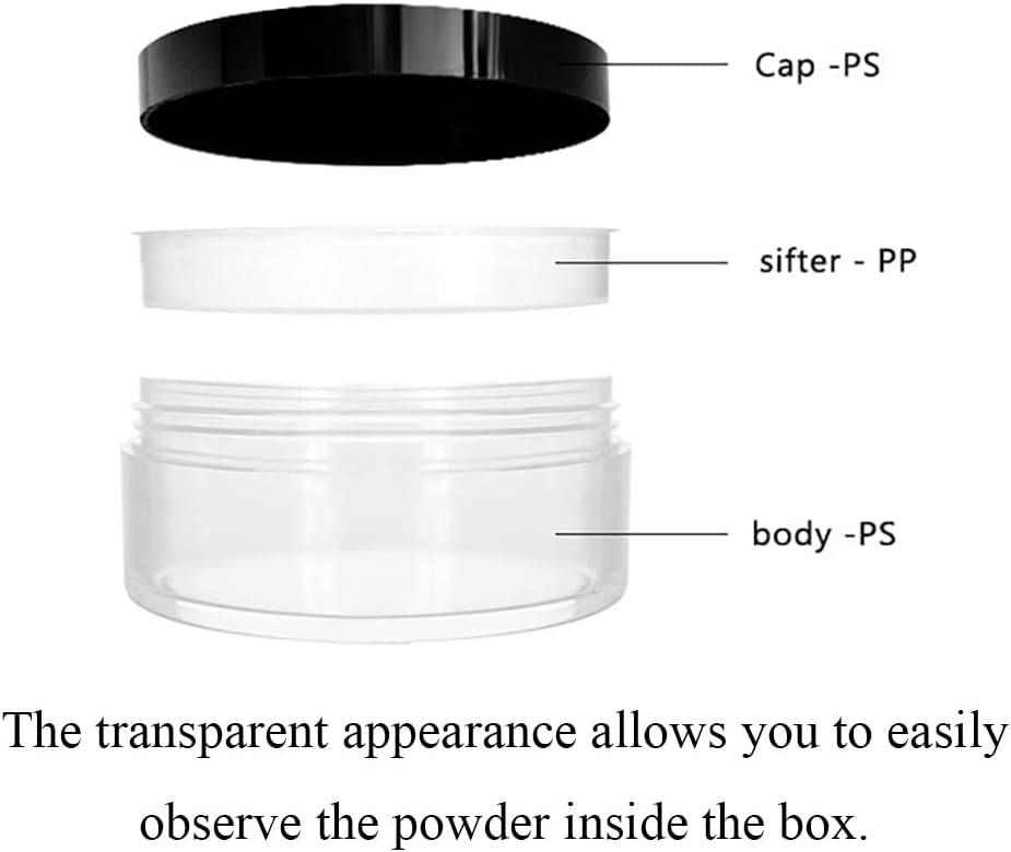 HAHIYO 4pcs 10ml/0.34oz Plastic Empty Travel Compact Case Makeup Cosmetic Jar Refillable Powder Box No Leak Holder with Rotatable Sifter and Black Screw Lid