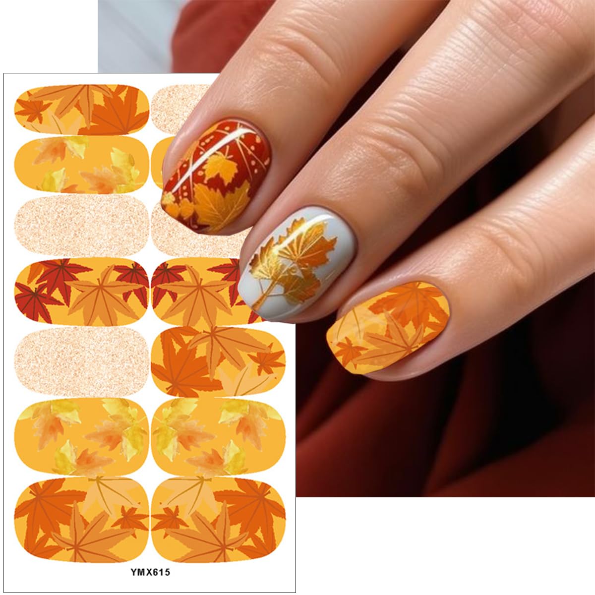 Autumn Maple Leaf Gel Nail Wraps - Thanksgiving Decals, 6 Sheets