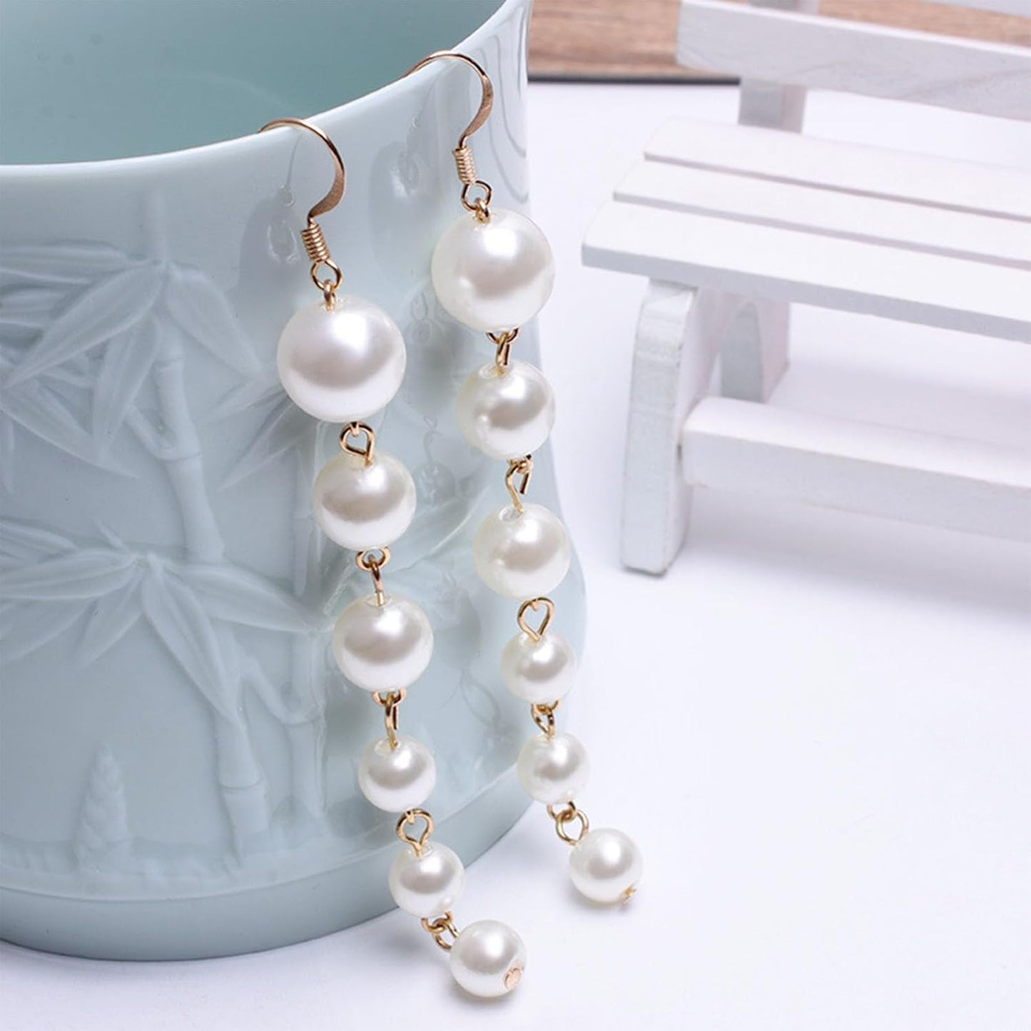 Boho Long Pearl Drop Earrings Vintage Gold Tassel Pearl Dangle Earrings Statement Pearl Chain Drop Dangle Earrings Wedding Prom Bridal Pearl Hook Earrings Jewelry for Women