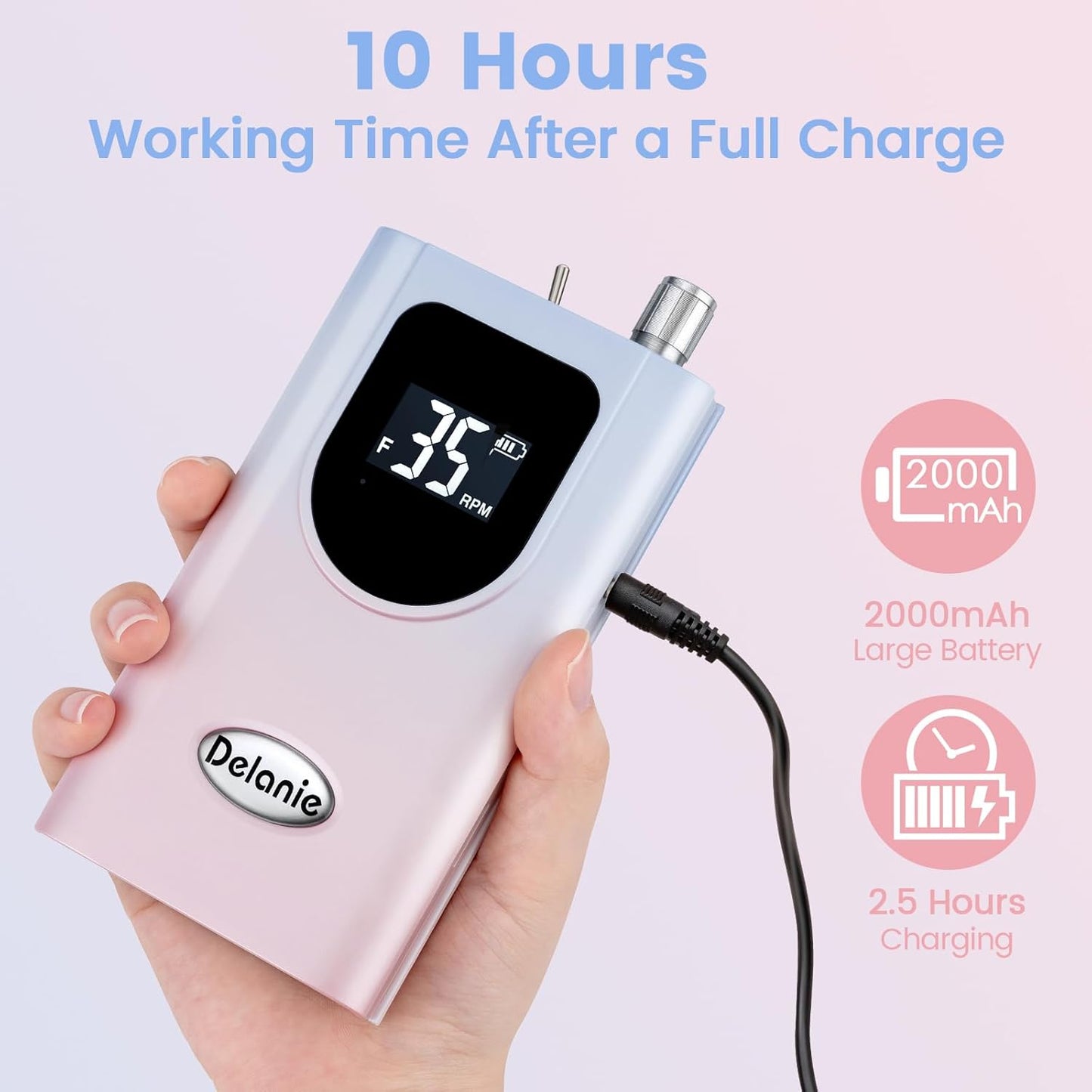 Delanie Professional Nail Drill High Torque 35000 RPM Rechargeable Portable Electric Nail File Filer for Acrylic Gel with Cuticle Bits, Salon Manicure Tool, Gradient Pink
