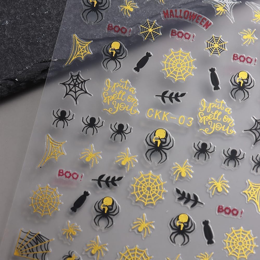 8Pcs Halloween Nail Stickers Spider Web Nail Decals Gold DIY Self Adhesive Ghost Cobweb Nail Design Halloween Nail Decoration Supplies Holiday Manicure Accessories for Women Girls