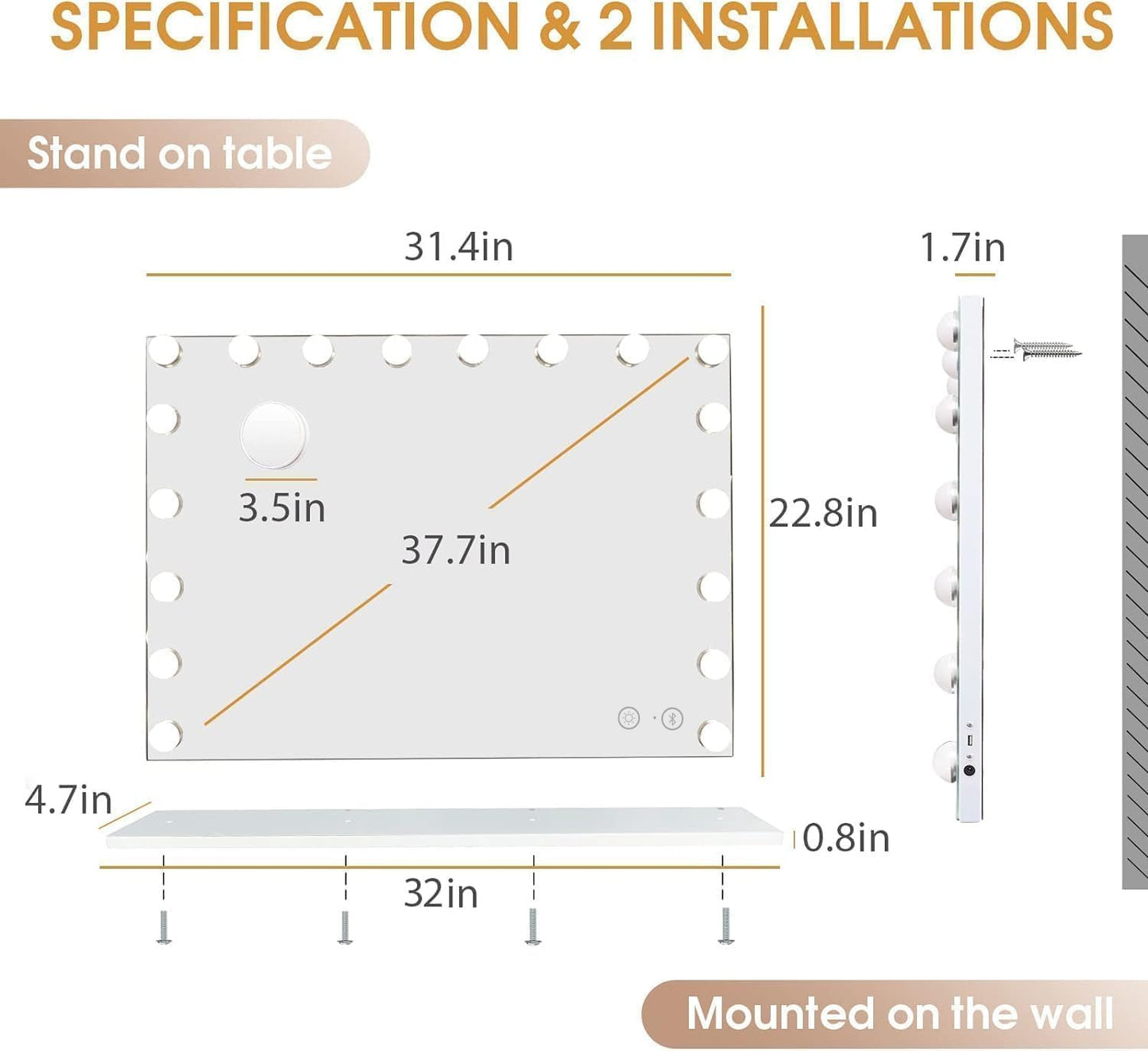 Hansong Vanity Mirror with Lights and Bluetooth Extra Large Hollywood Makeup Mirror with 18 pcs LED Bulbs Lighted Mirror with USB Charging,3 Color Lighting Modes Tabletop or Wall Mount