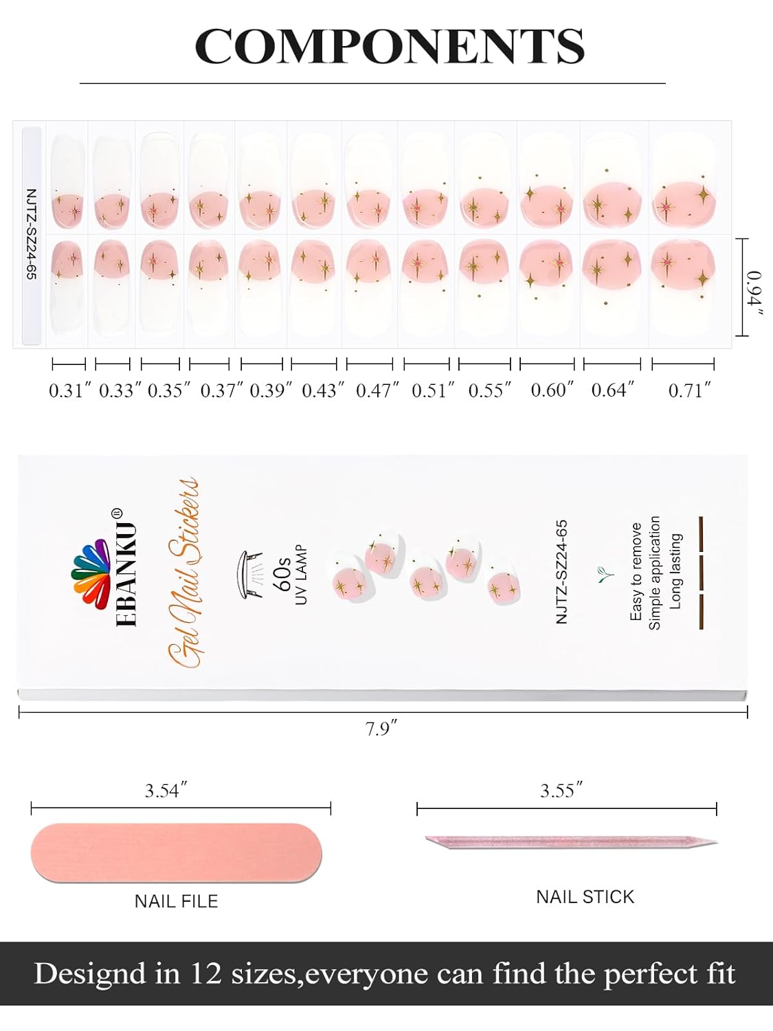 EBANKU 24Pcs Semi-Cured Gel Nail Strips, French Star Nail Sticker, Lasting Waterproof Full Nails Wraps Stickers for Salon Manicures, Perfect for Women, Girl with Nails File and Stick