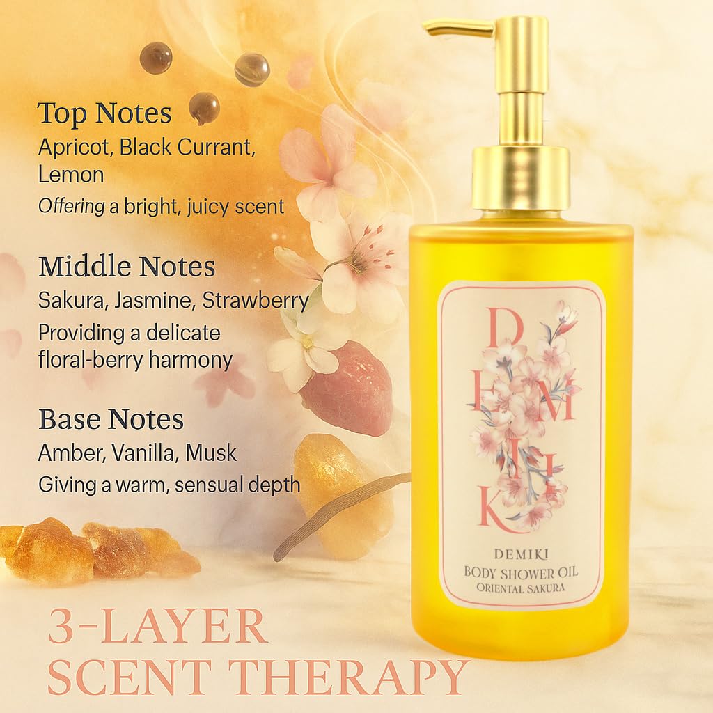 Moisturizing Bath Oil for Dry & Sensitive Skin. Nourishing & Hydrating Winter Care Shower Oil, Soothes & Softens, Locks in Moisture,Sakura Scent, 10 Fl.oz (300ml)