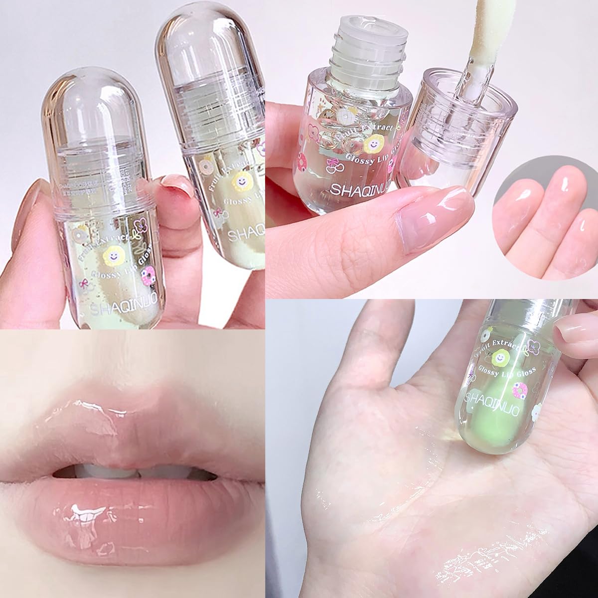 4Pcs Fruit Flavored Lip Gloss Oil Set,Big Brush Head Lip Oil,Cute Lip Hydrating Nourishing Lip Gloss, Jelly Glossy Finish Lip Glow Oil,for Kids and Teens, Kid Friendly, Party Gift, Non-toxic