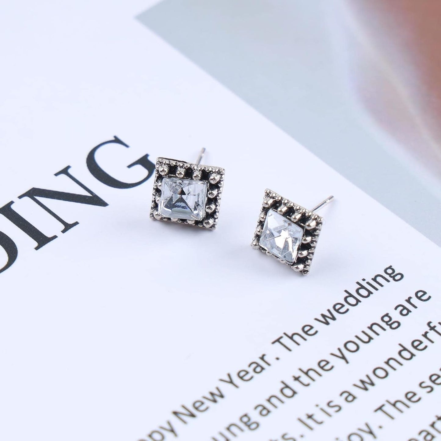 Boho Tiny Crystal Square Earrings Silver Cz Square Earrings Cz Rhinestone Square Stud Earrings Silver Geometric Earrings Jewelry for Women and Girls