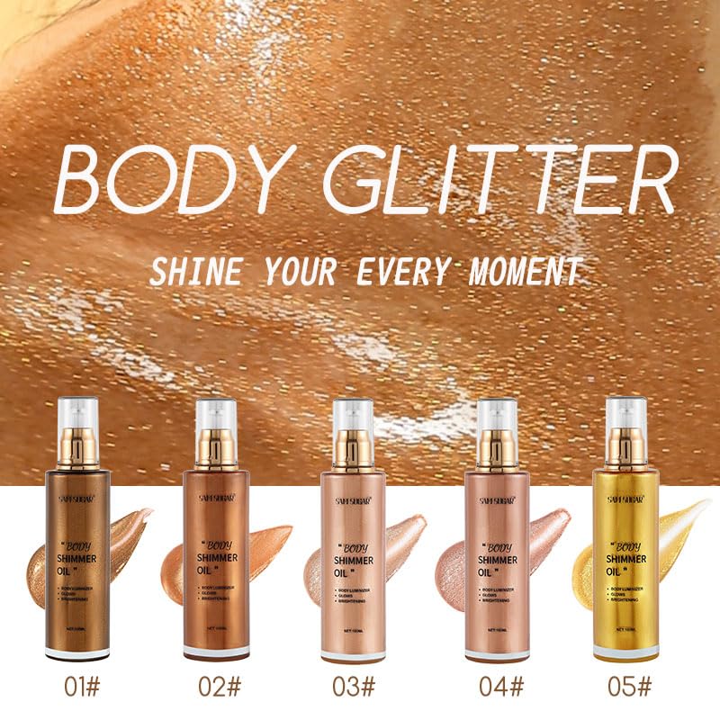 Shimmer Body Oil, Long Lasting Moisturizing Body Glow Glitter for Women Face Luminizer Highlighter Makeup 100ml Shimmer Oil for Glowing Skin Lotion (Medium Rose Gold)