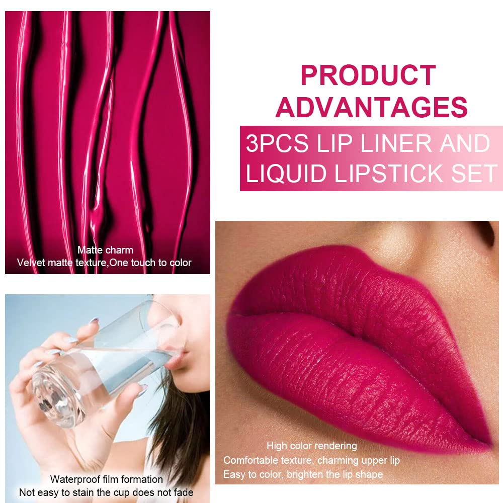 evpct 3Pcs Dark Plum Purple Rose Dark red Matte Lip Liner Pencil and Liquid Lipstick Sets for Women Long Lasting Waterproof, 24 Hour Lipstick Lip Stick/Gloss Set labiales mate 24 horas originales, 01