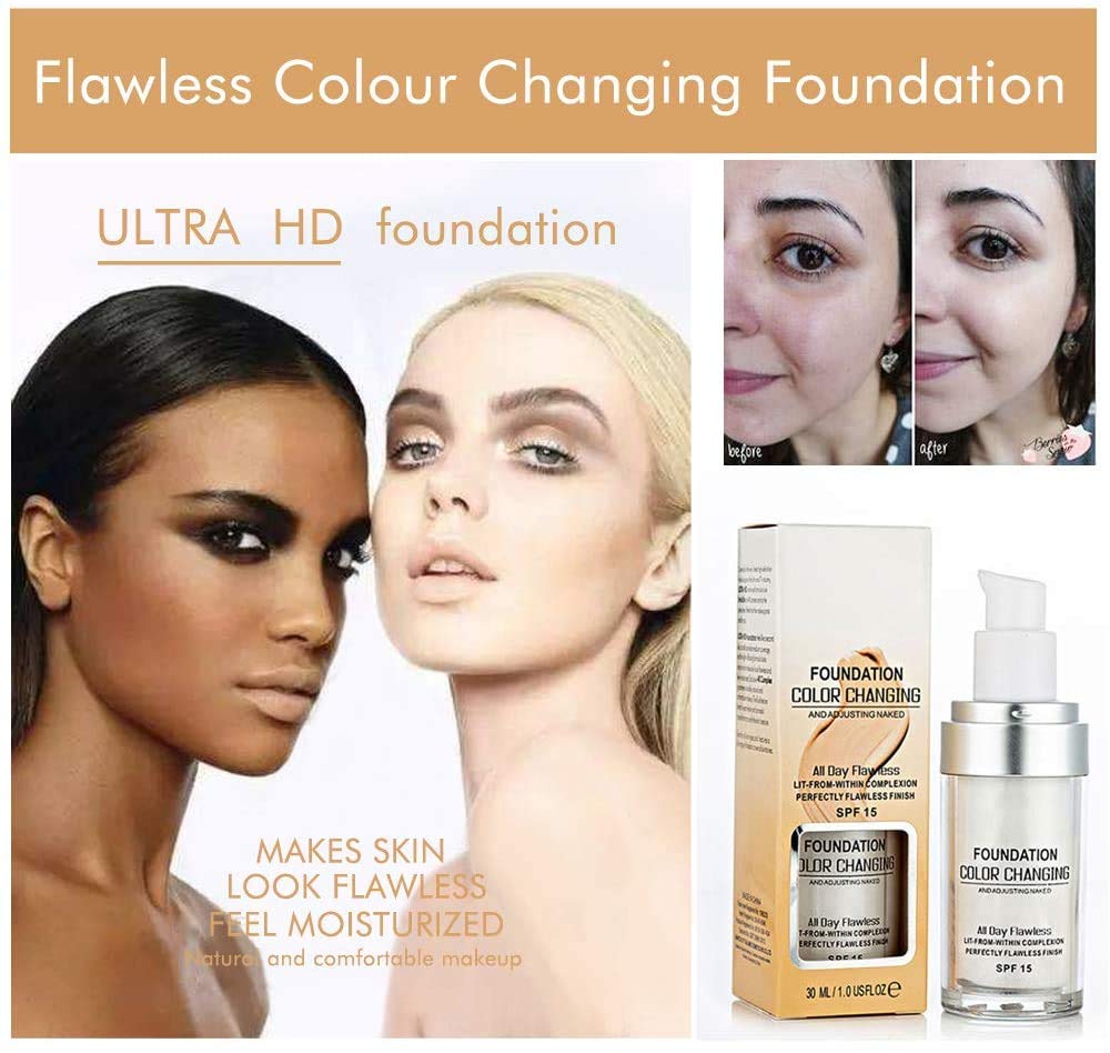 30ML Flawless Colour Changing Warm Skin Tone Foundation,Naturally Blends Moisturizing foundation makeup,Long Lasting Waterproof Poreless Liquid Foundation SPF 15 for Face Makeup