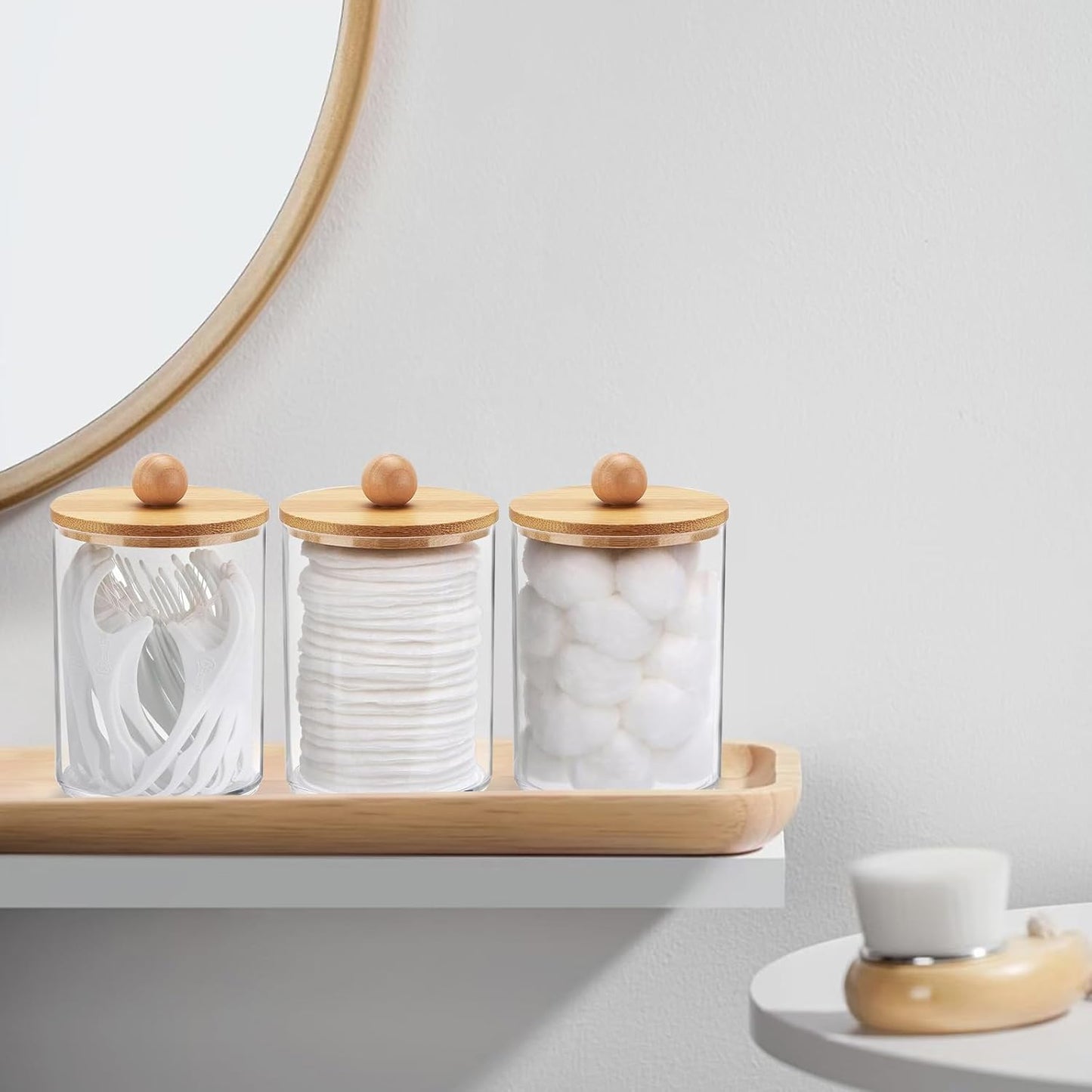 4 Pack Qtip Holder Dispenser with Bamboo Lids & Disposable Face Towel Holder Set, Clear Storage Bins for Facial Cloth, Vanity Makeup Storage Organizer, Bathroom Essentials Accessories Decor