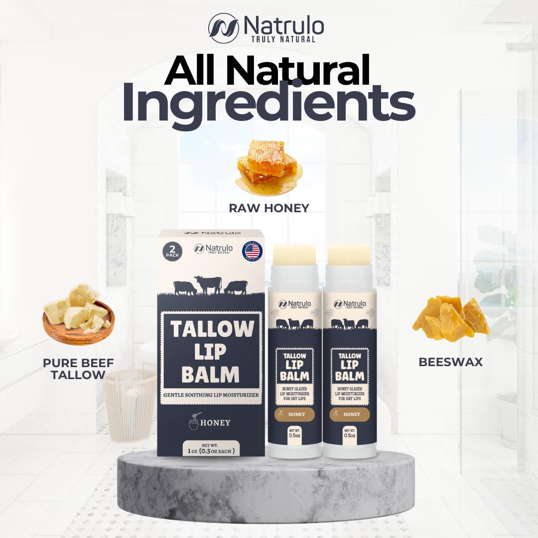 Beef Tallow Lip Balm – Natural Tallow Beeswax Chapstick – Hydrating Moisturizer Grass Fed Bison Tallow Balm Lip Care – Soothes Chapped Dry Lips, Sensitive Skin – Long Lasting Vitamin Rich USA-Made 2Pk