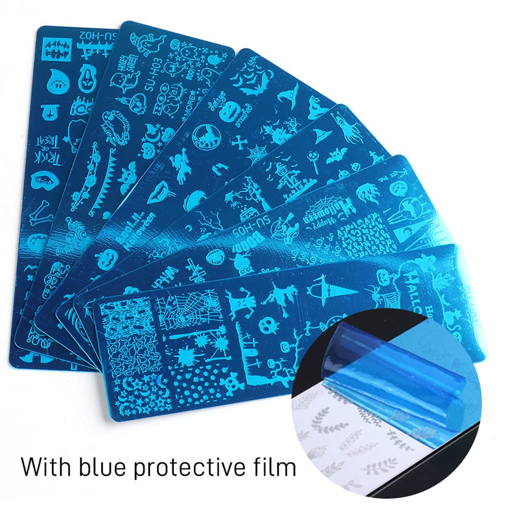 Halloween Nail Stamper Kit: 6 Pcs Stamp Template Plates with 1 Stamper, 1 Scraper - Horror, Ghost, Pumpkin, Skull, Bone Images - DIY Nail Art Set