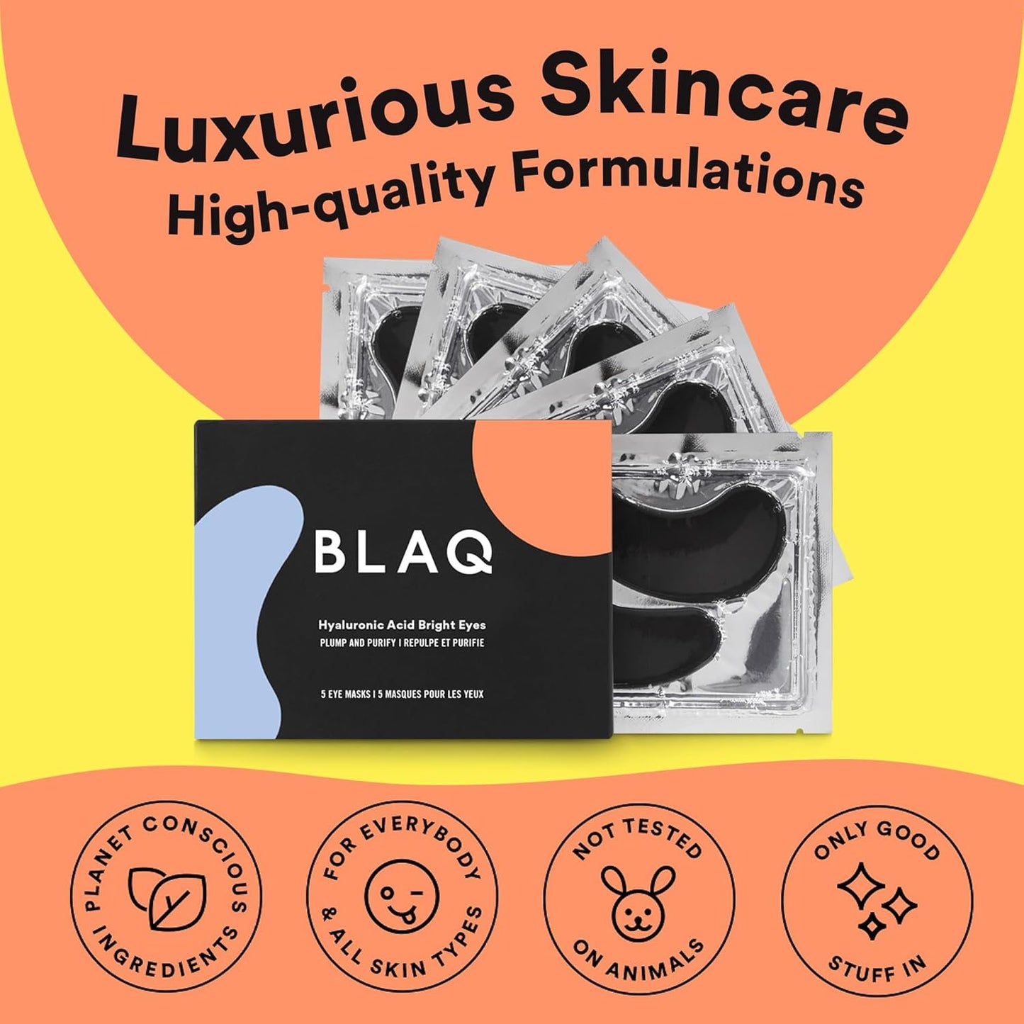 BLAQ Eye Masks for Dark Circles, Wrinkles and Puffiness. Hydrating and Cooling with Marine Algae and Activated Charcoal, Vegan and Cruelty-Free, Hyaluronic Acid Bright Eyes, 5-Pairs