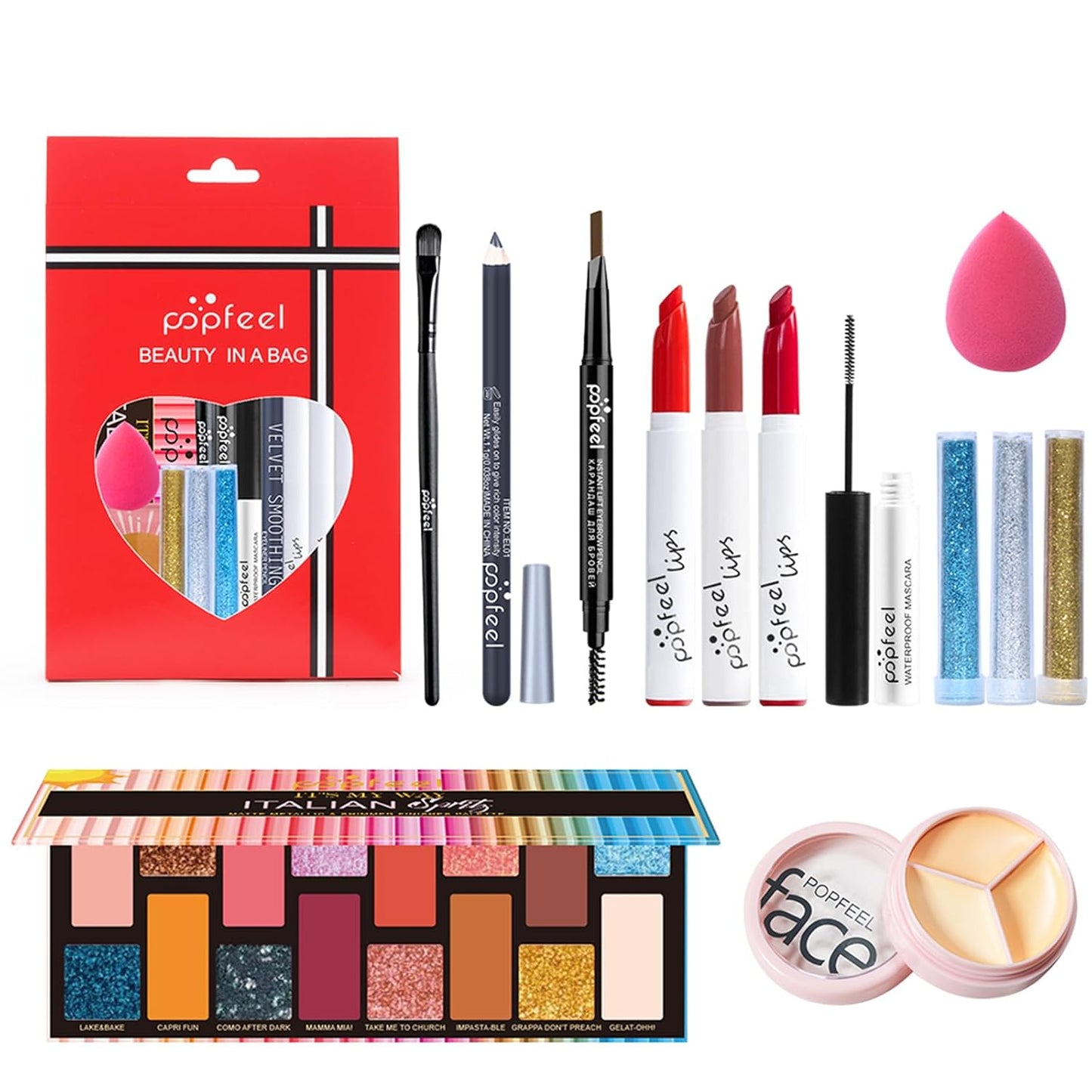 All in One Makeup Kit, Full Starter Essential Makeup Kit for Women Beginners Includes Eyeshadow Palette Lipstick Mascara Eyeliner Eyebrow Pencil Concealer Powder Puff Set