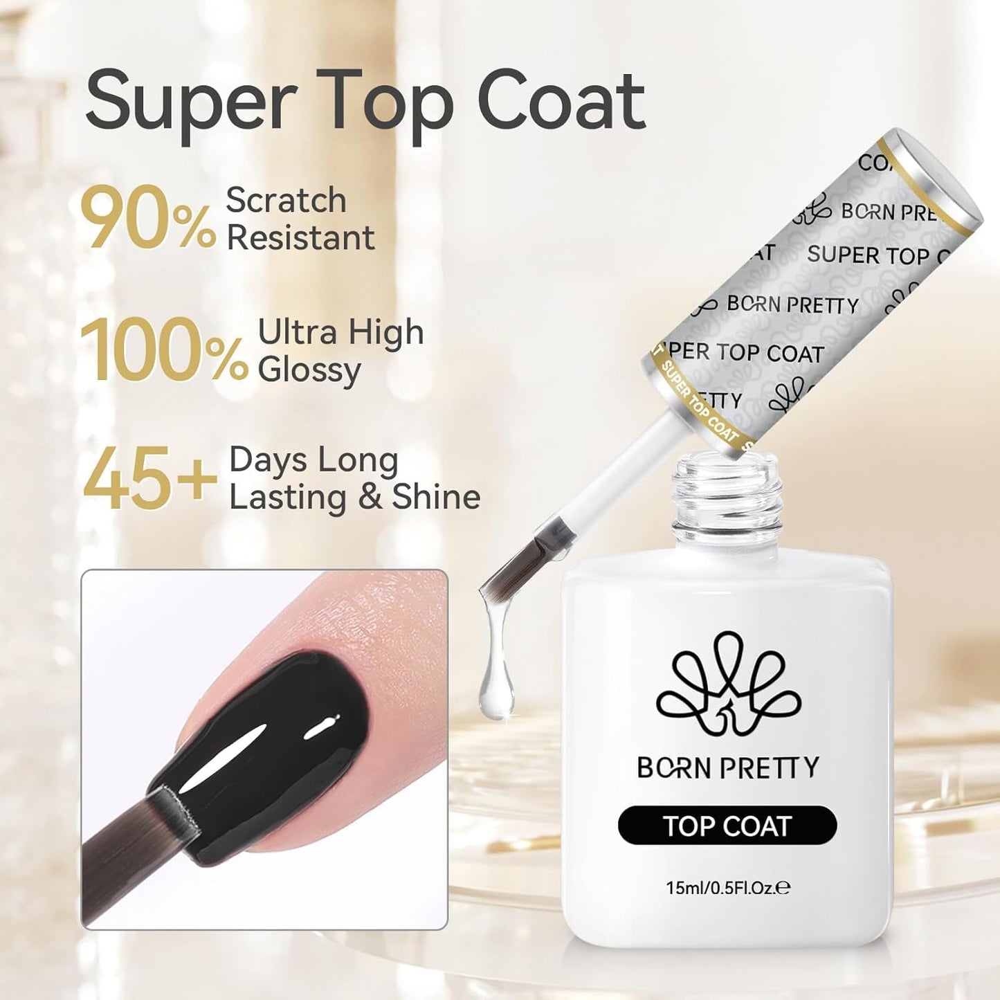 Born Pretty Gel Top Coat,15ml Gloss Top Coat and Nail Glue for Tips Set,No Wipe Super Top Coat Not Chip or Peel and Long Lastingfor Nail Art