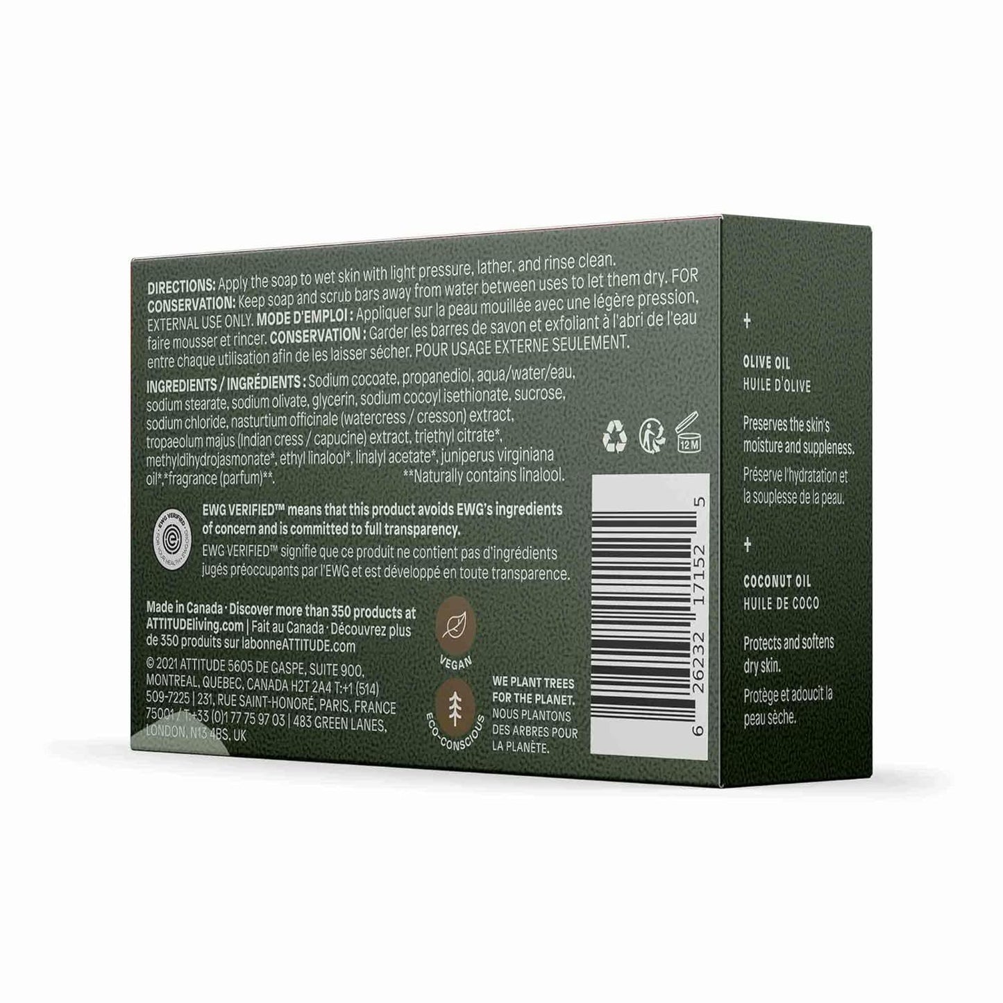 ATTITUDE Body Soap Bar, Natural Origin, Protects and Softens Dry Skin, Coconut & Olive Oils, For men and Women, EWG Verified & Vegan, Herbal Musk, 4 Oz