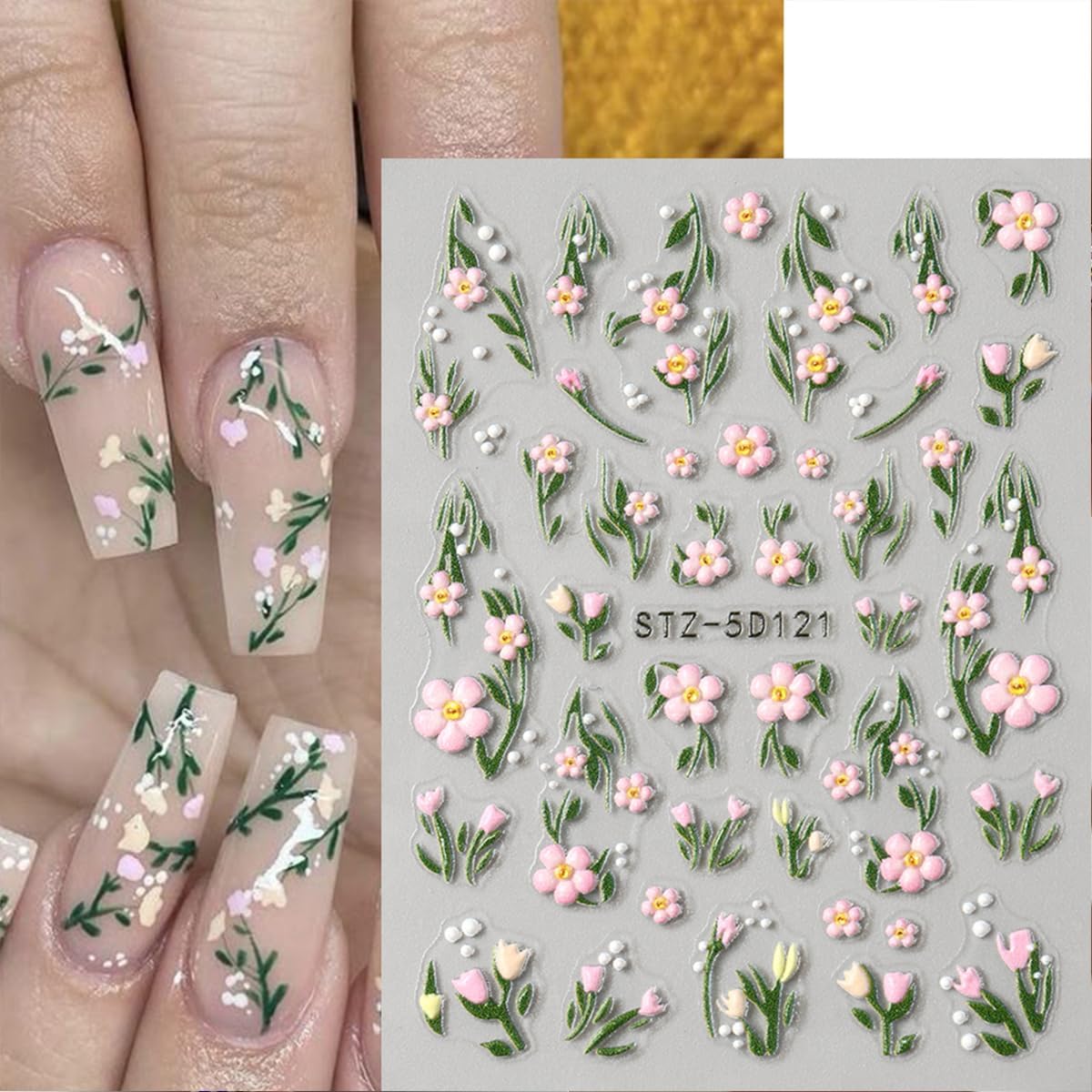 5D Flowers Nail Stickers for Nail Art Cute Bee Ladybug Small Floral Nail Decals Self-Adhesive Summer Nail Art Stickers Strawberry Peach Blossom Leaf Nail Design Manicure Supplies for Women 4 Sheets