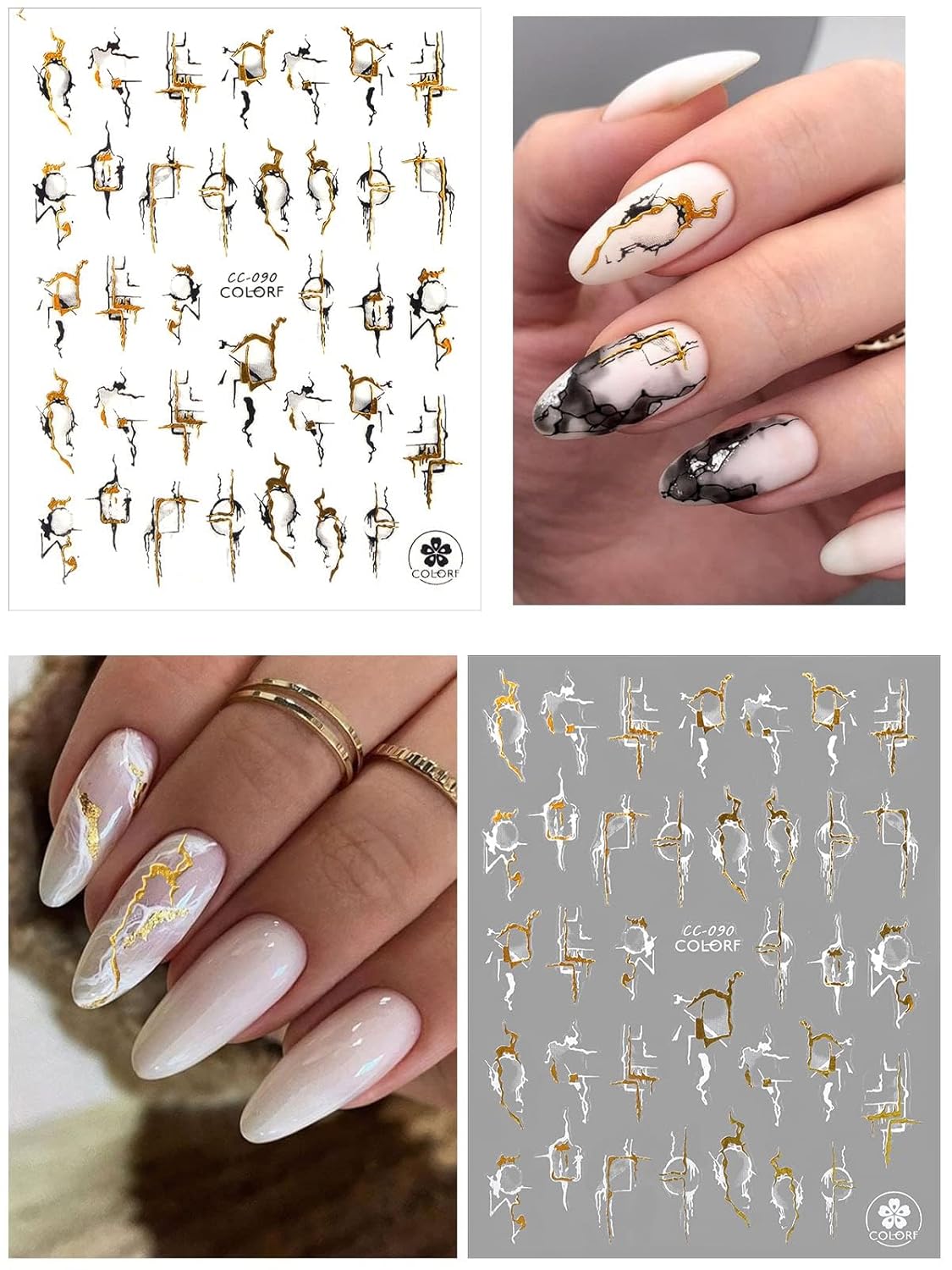 12 Sheets Nail Art Stickers Decals,TOROKOM Self-Adhesive White Black Gold Stripe Line Nail Decals Marble Wave Nail Sticker Supplies for 3D Nail Design Nail Accessories for Women French Nail Decoration