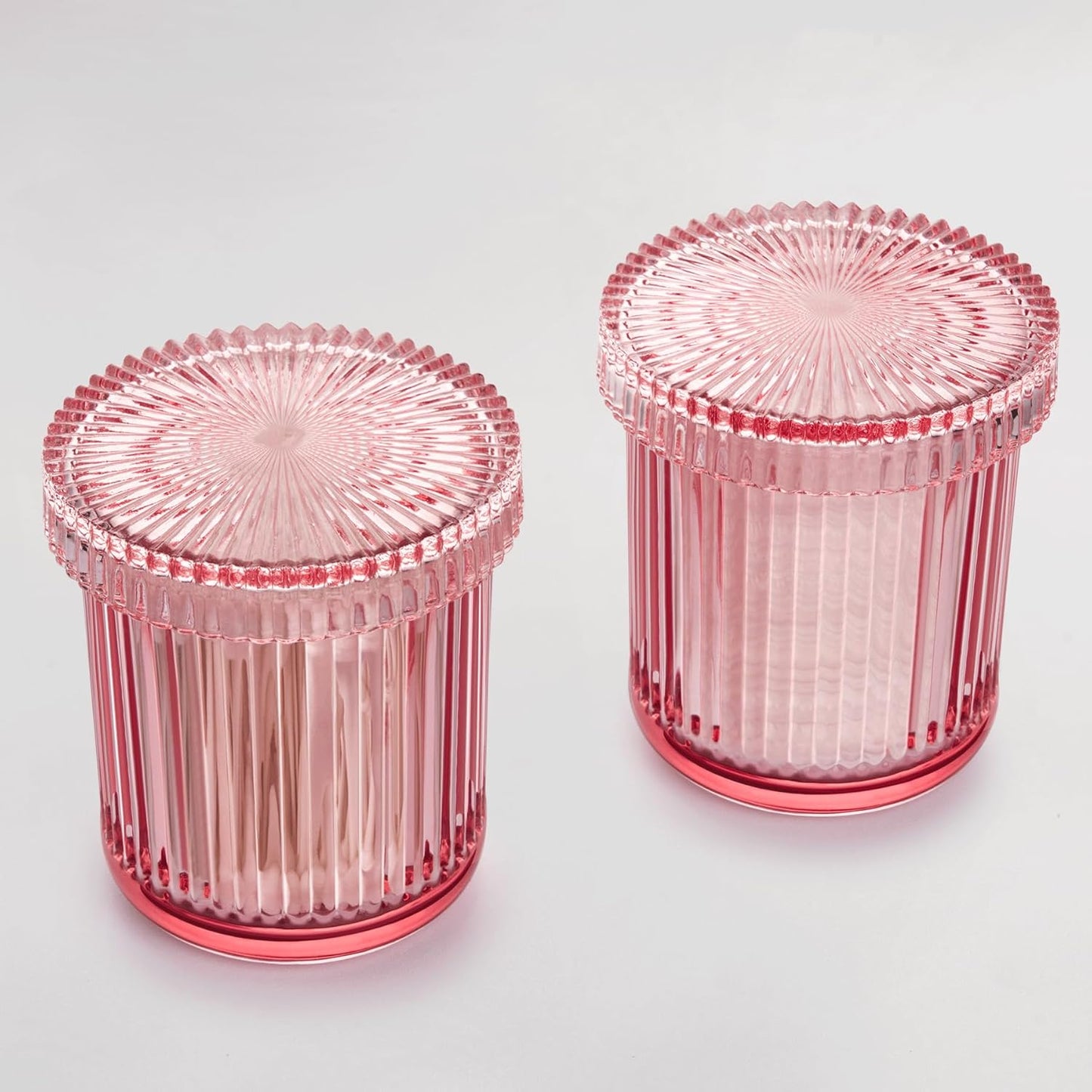 2 Pack Qtip Holders for Bathroom, Clear Glass Apothecary Jars with Lids,Vintage Bathroom Canisters for Cotton Balls,Swabs,Floss Picks,Hair Ties,Vanity Organizer and Storage Decor (Pink)
