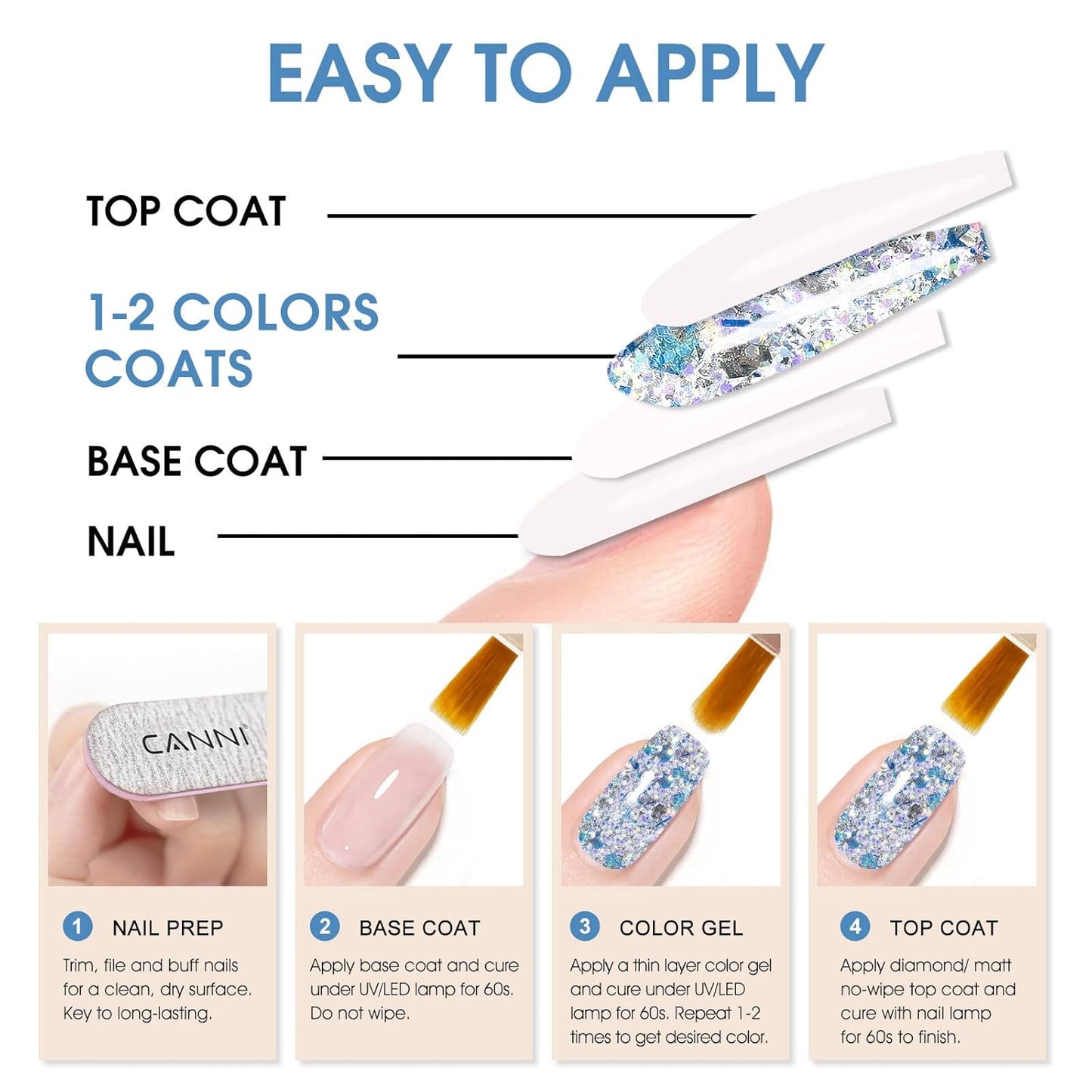 CANNI 1 Pcs Glitter Blue Gel Nail Polish, Shimmer Sparkly Blue Colors Gel Polish Soak Off Led Nail Art Gel Manicure Salon DIY