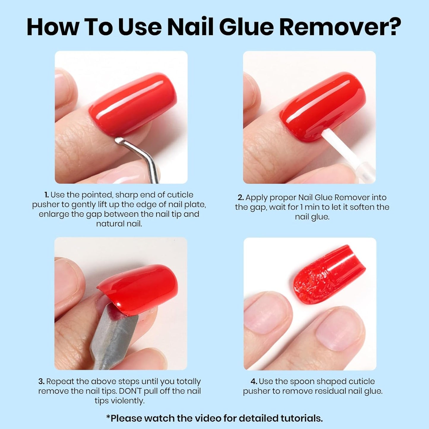 Beetles Nail Glue Remover with Cuticle Tool, 1 Pcs 20ml Press on Nail Remover Non-Acetone Adhesive for False Nail Tips Gentle Formula Not for U v Nail Glue Gel