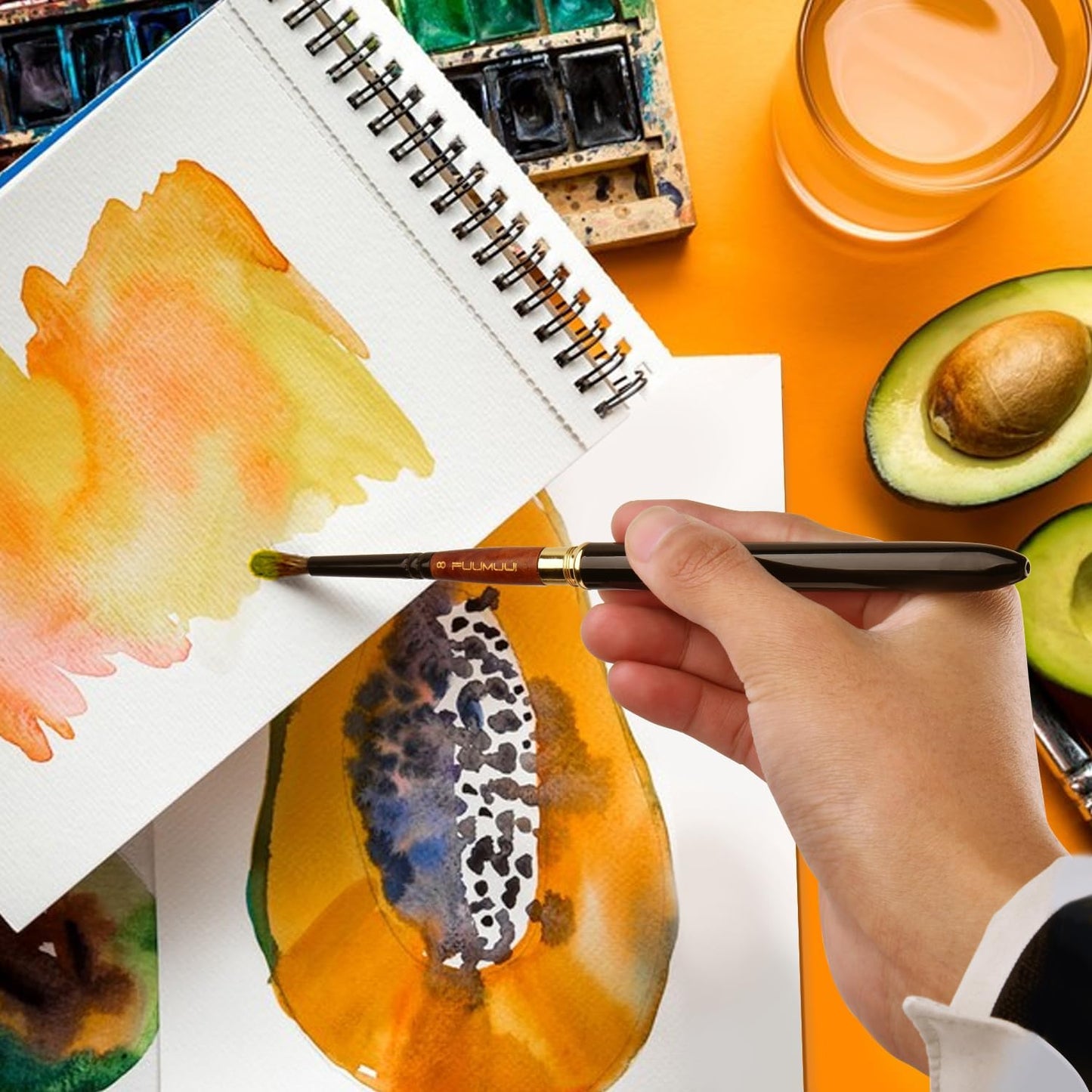 Fuumuui 4pcs Elegant Kolinsky Sable Watercolor Brushes - Travel Kit with Leather Pouch Perfect for Gouache Ink Painting