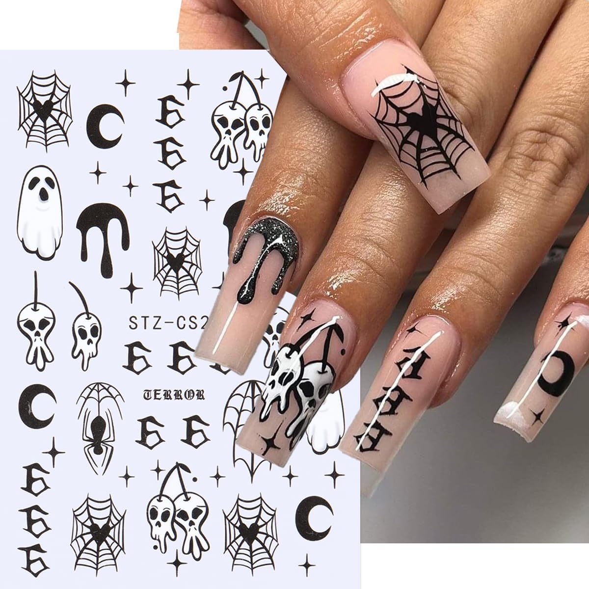 6 Sheets Halloween Nail Art Stickers Spider Web Nail Decals Pumpkin Ghost Nail Stickers Bat Heart Line Flame Nail Sticker for Nail Art 3D Self Adhesive Holiday Manicure Supplies for Women