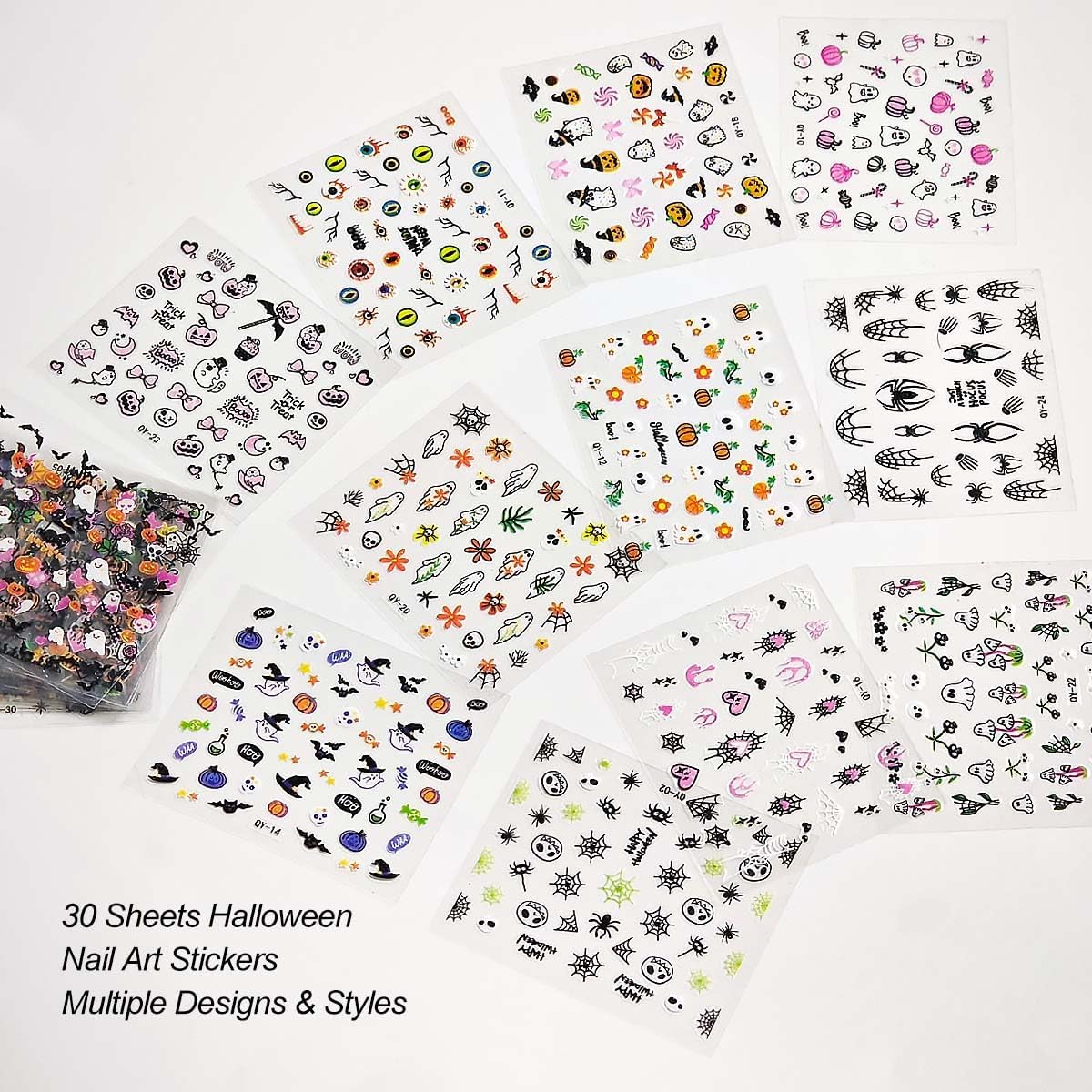 30 Sheets Halloween Nail Art Stickers Ghost Nail Stickers Pumpkin Nail Decals Skeleton Spider Web Self Adhesive Nail Art Supplies for Women Girls DIY Manicure Nail Art Decorations