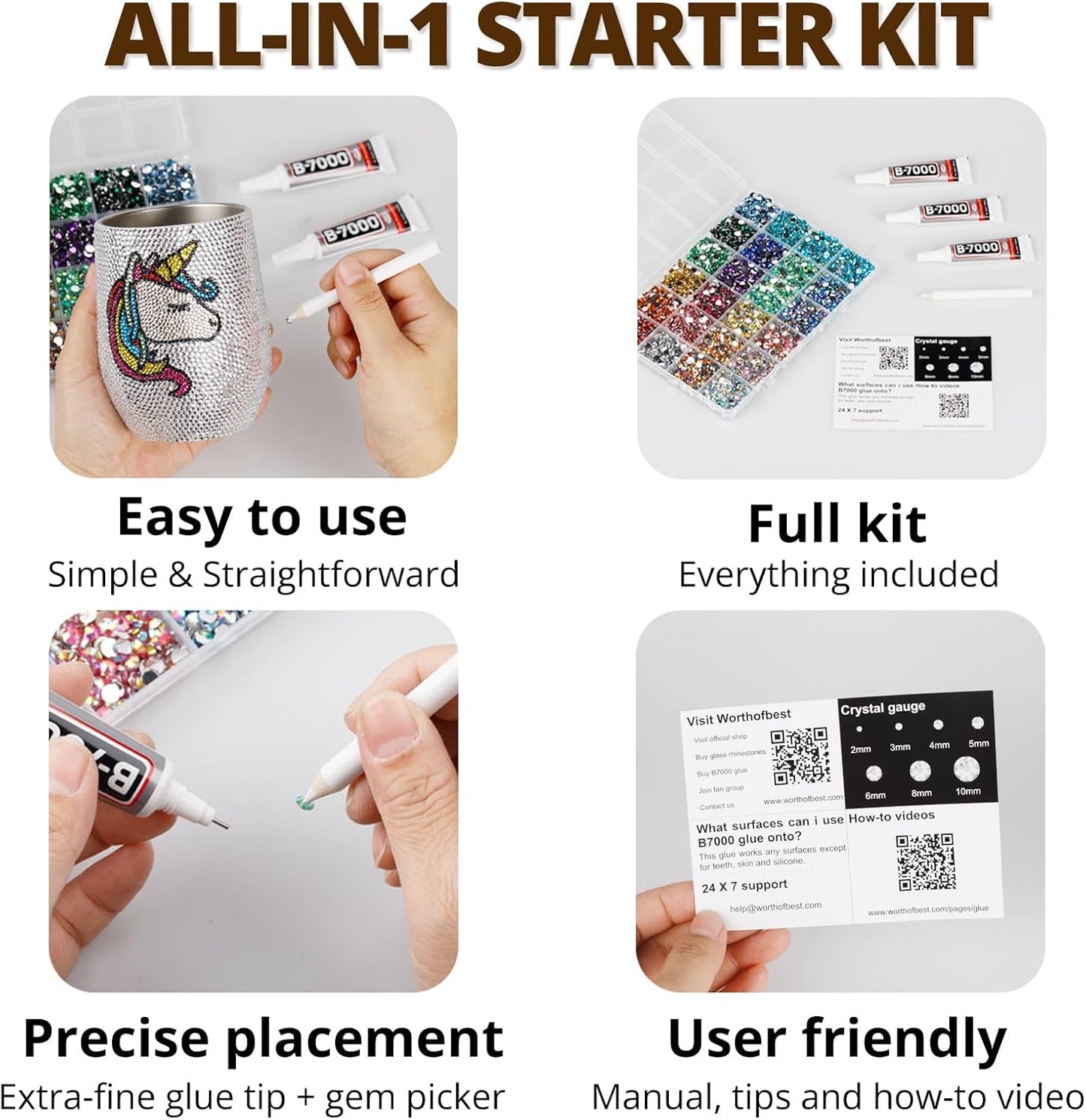 30000Pcs Resin Rhinestones Set for Crafting Bedazzling, Brown Flatback Gems Jewels for Crafts Clothes Shoes Fabric Outfit Nails Makeup, Flat Back Crystal 2-6mm with b 7000 Glue