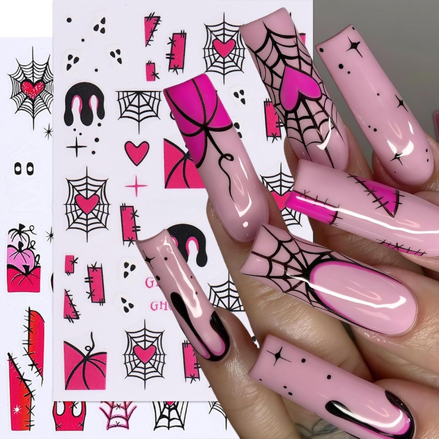 8Sheets Halloween Nail Stickers for Nail Art,3D Self-Adhesive Cute Ghost Spider Nail Decals Pink Red Horror Pumpkin Heart Spider Web Nail Design Nails Supplies for Women Manicure Holiday Decorations