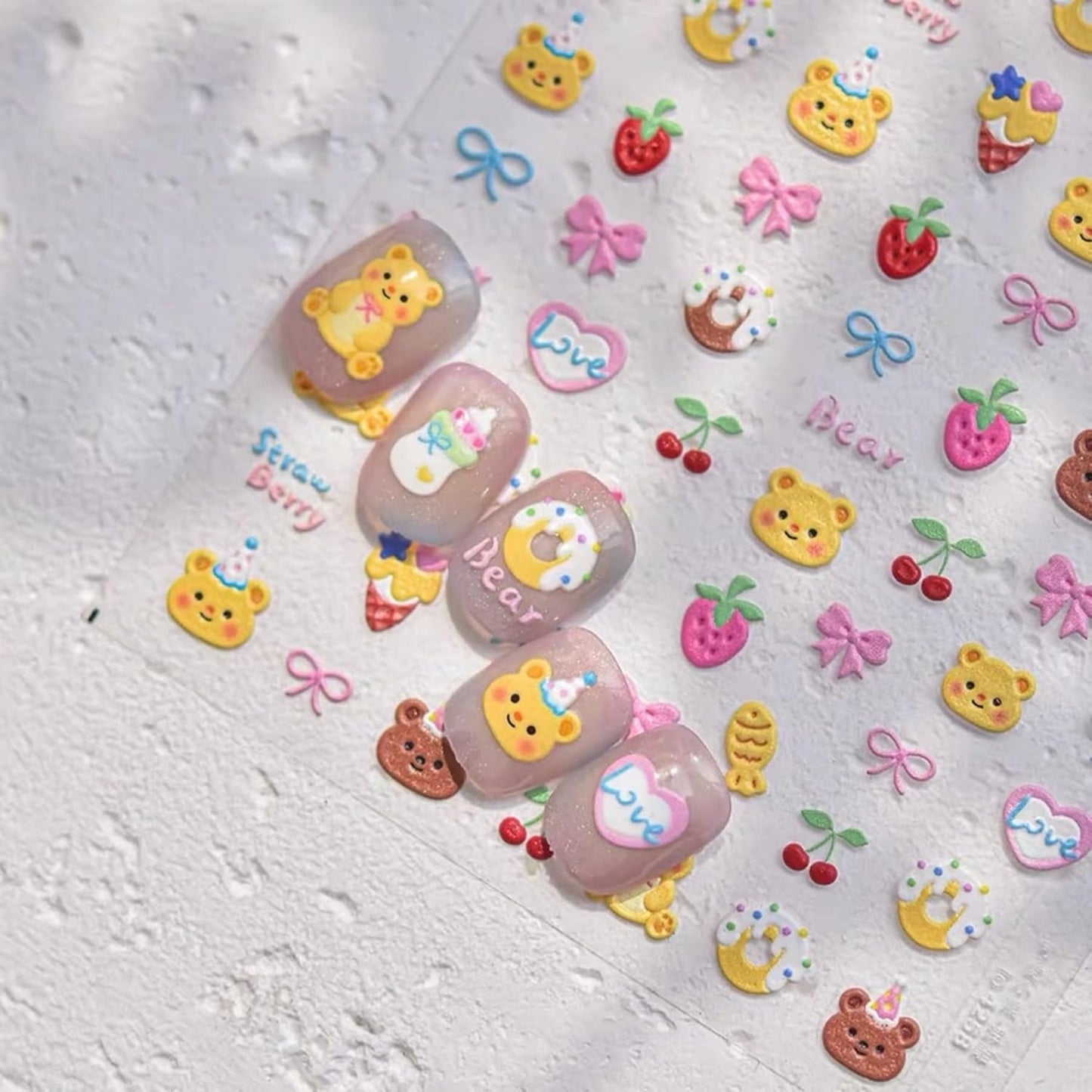 Dedyel Cute Nail Stickers 5D Embossed Cartoon Bear Kawaii Animal Self-Adhesive Nail Decals for Women Girls Kids Nail Art Decoration