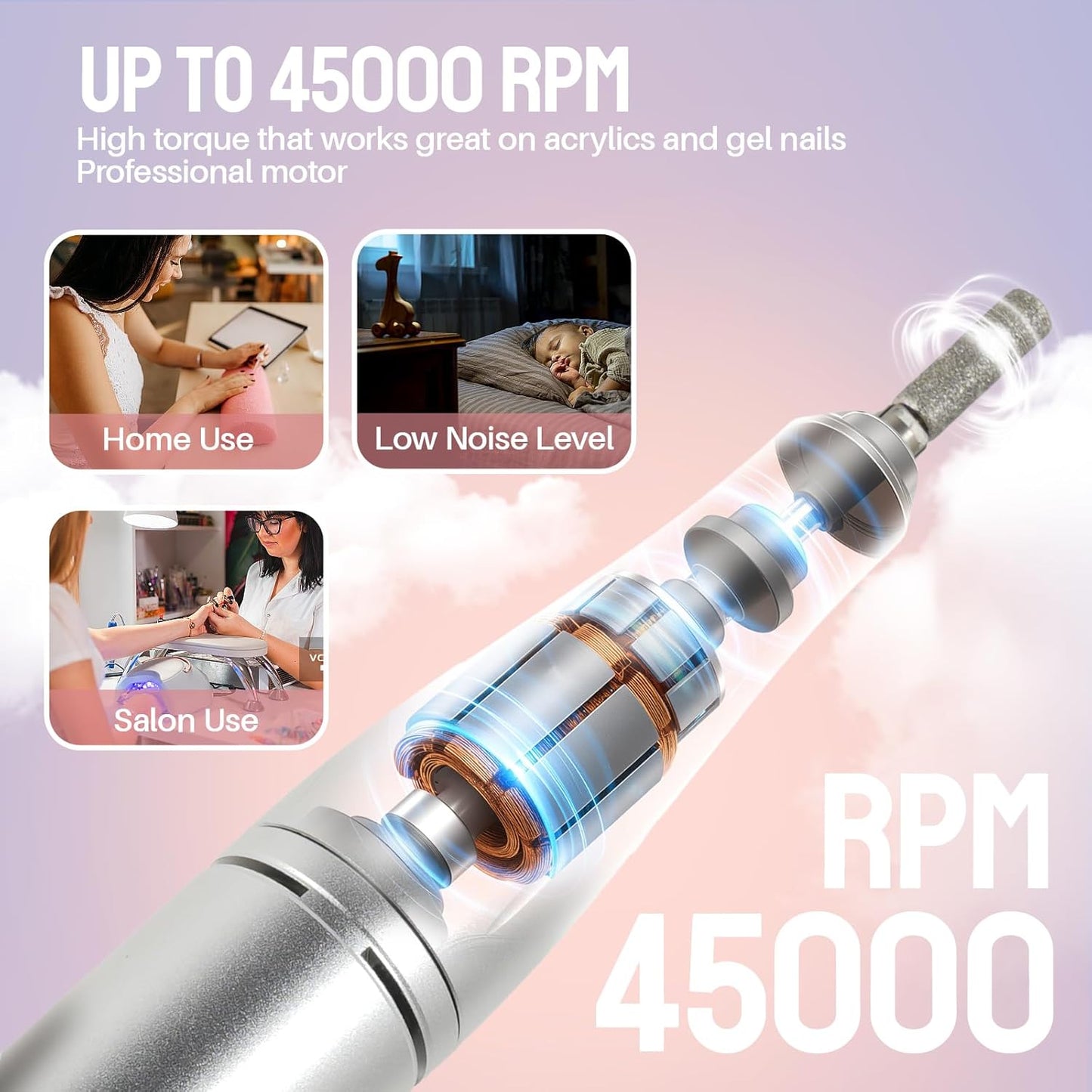 Electric Nail Drill Portable Nail Drill Professional 45000 RPM 6 Salon Quality Drill bits 6 Sanding Bands Portable & Low Noise for Acrylic Nails Gel Polishing Removing Bits Kit for Home Use