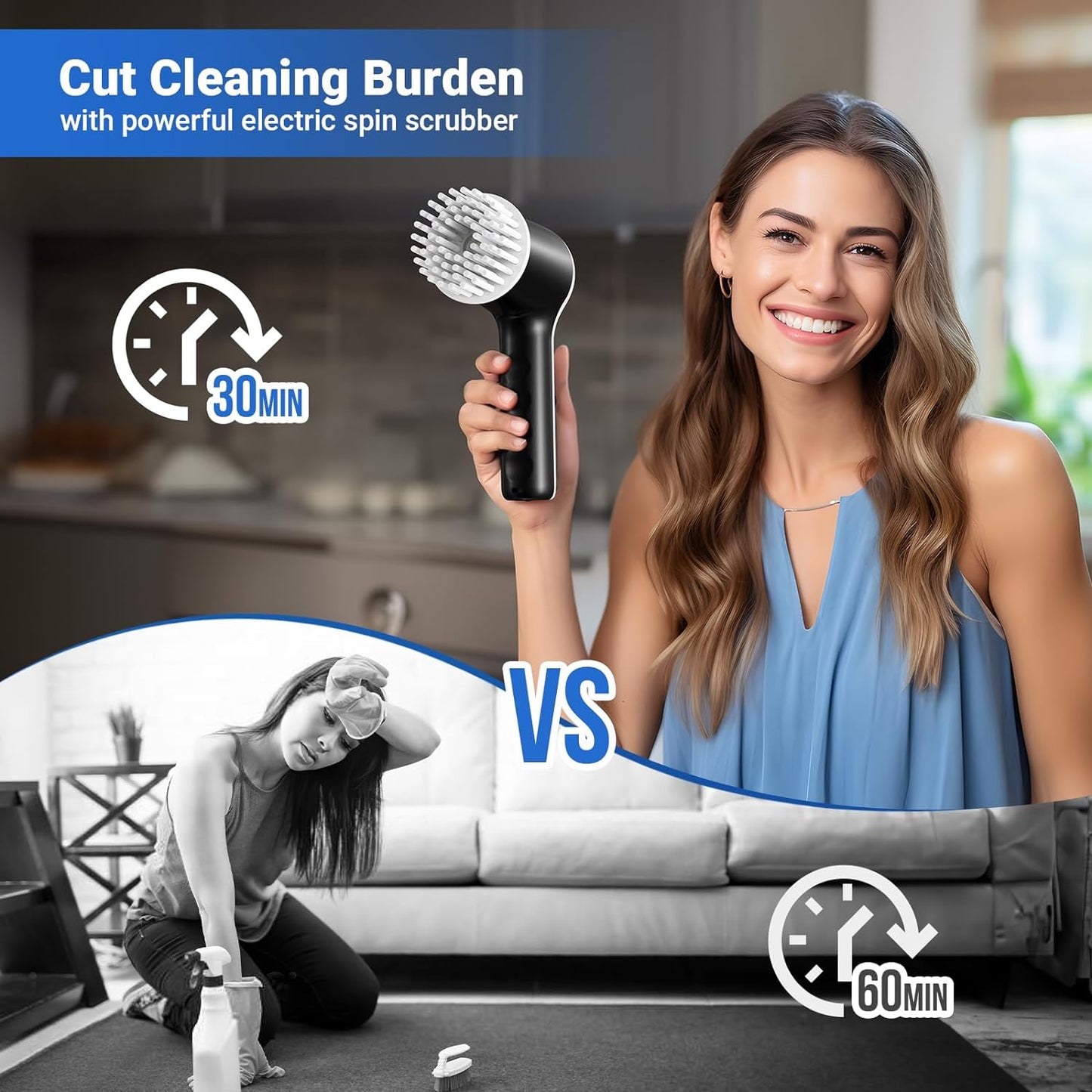 Electric Spin Scrubber, Cordless Shower Scrubber with Battery Level Display, 2 Speeds Electric Scrubber for Cleaning with 6 Replaceable Heads, Cleaning Brush for Bathroom/Sink/Window