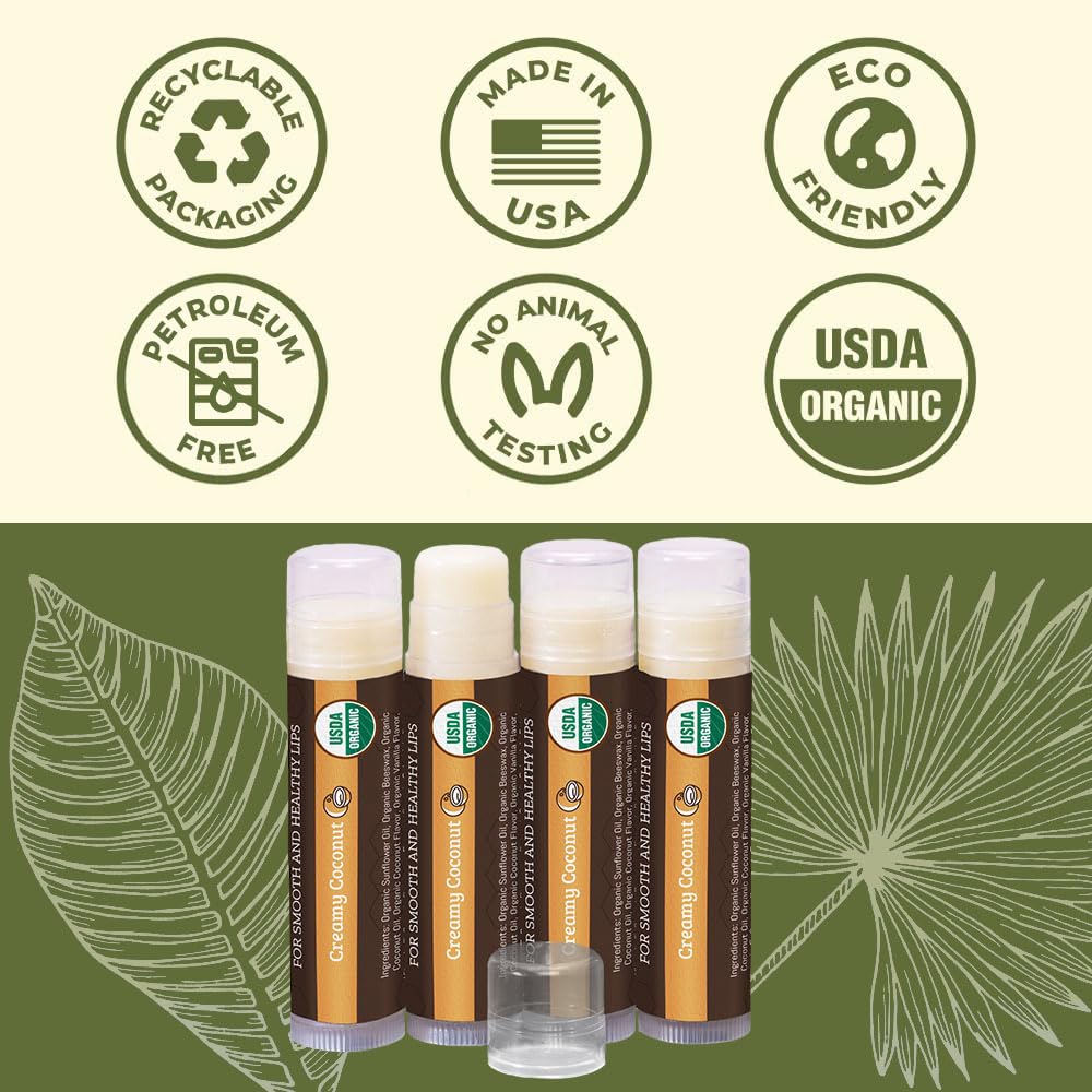 Earth's Daughter USDA Organic Lip Balm 4-Pack Creamy Coconut Flavor - Beeswax, Coconut Oil, Vitamin E - Best Lip Repair Chapstick for Dry Cracked Lips