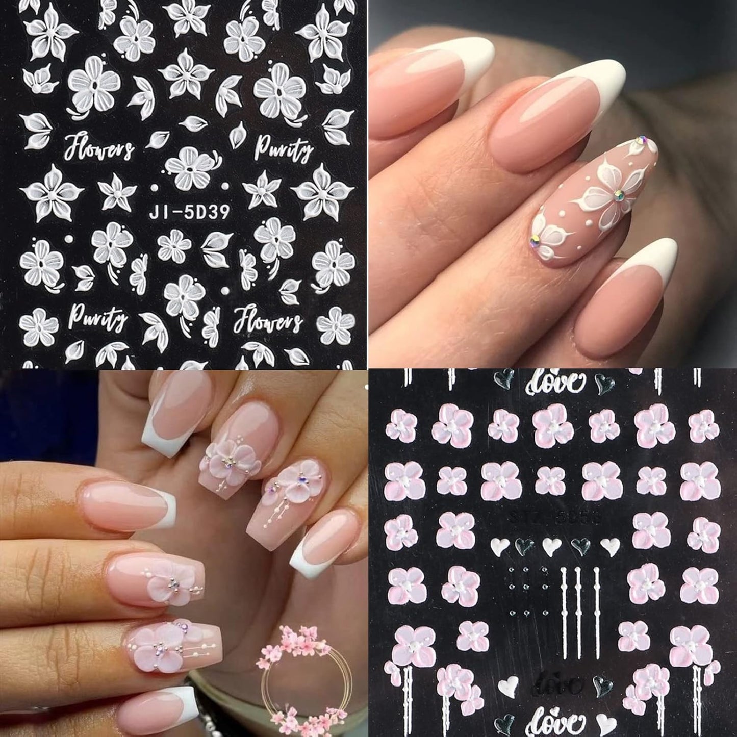 6 Sheets Flower Nail Stickers for Nail Art 5D Embossed Engraved Nails Decals 3D Spring Nails Supplies Accessories Self-Adhesive DIY Design Decoration for Women and Girls
