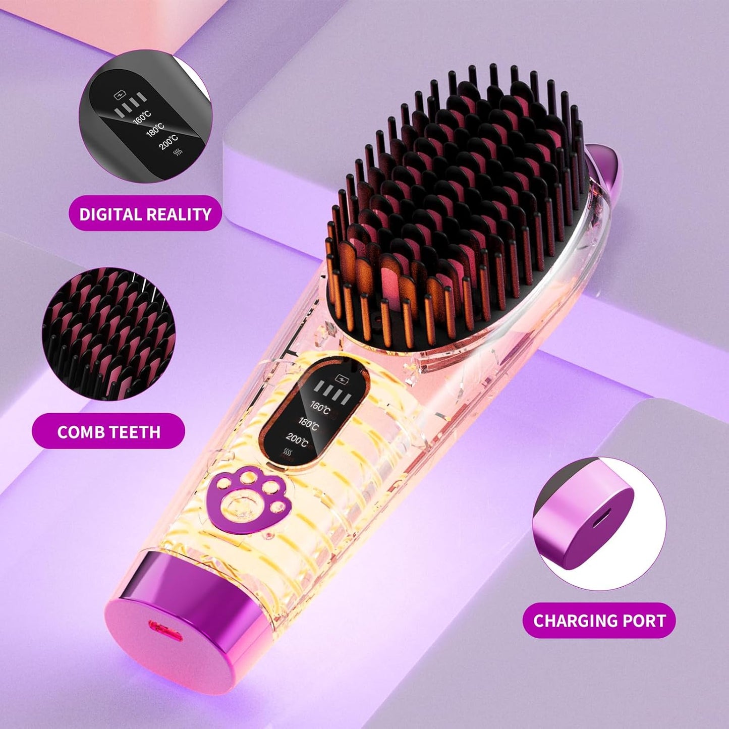 Cordless Hair Straightener,Portable Hair Straightening Brush for Travel, Mini Hot Straightening Comb for Women,Anti-Scald, LED Display & Fast Heating,6000mAh