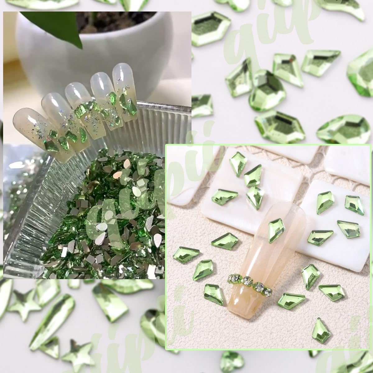 3180Pcs Light Green Nail Rhinestones Multi Shapes Crystal Grass Green Flatback K9 Glass Rhinestones Gems Round Beads Stones Diamonds jewels w Wax Pen for Nails Face Eye Makeup Clothes Shoes DIY