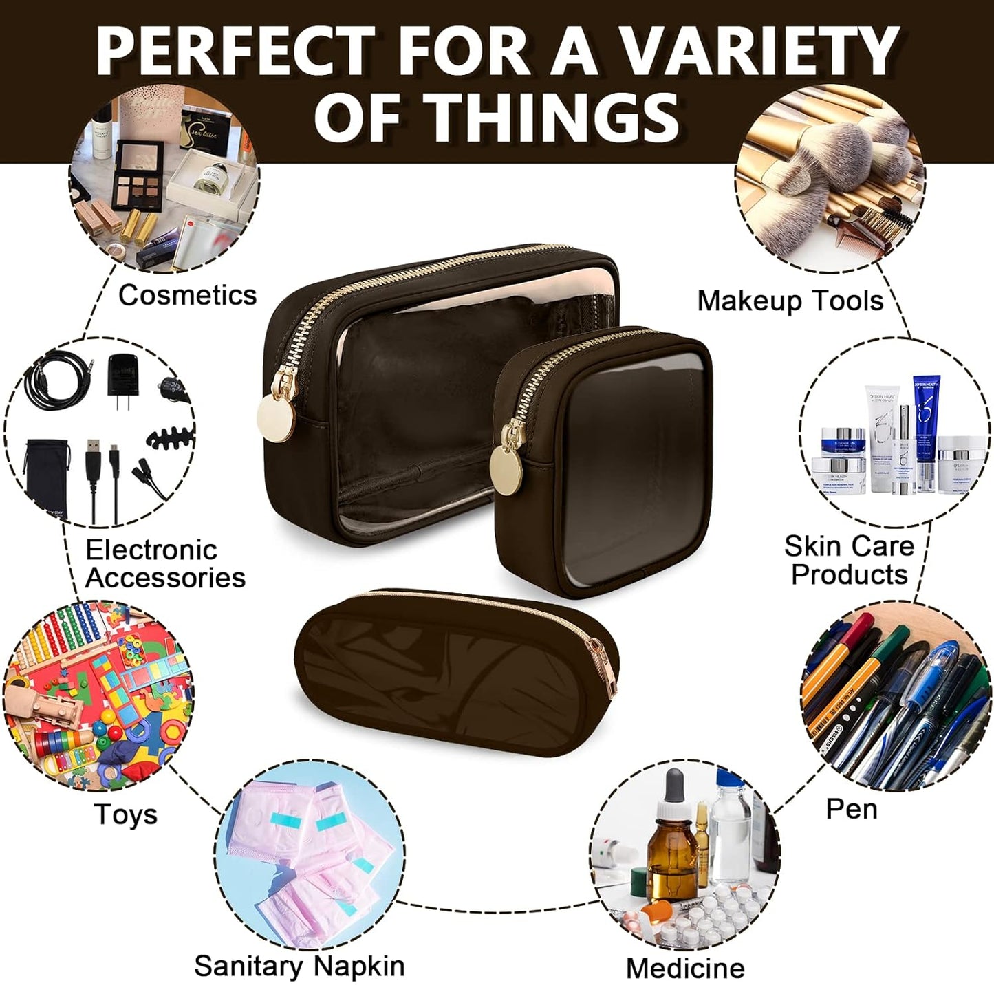 Clear Small Makeup Bag with Zipper, Nylon&PVC Cosmetic Travel Bag Preppy TSA Approved Toiletry Bag for Women Girls, Transparent Waterproof Makeup Pouches Cute Travel Bag for Purse(Small-Chocolate)