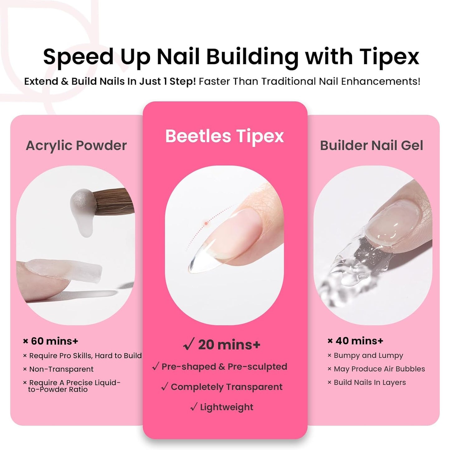 Beetles Tipex Instant Apex Nail Tips Kit, Medium Oval Almond 224Pcs 16 Sizes Pre-Building & Pre-Etched Thicker Acrylic Nails False Nail Extension with Tipex Nail Glue Mini Nail Lamp