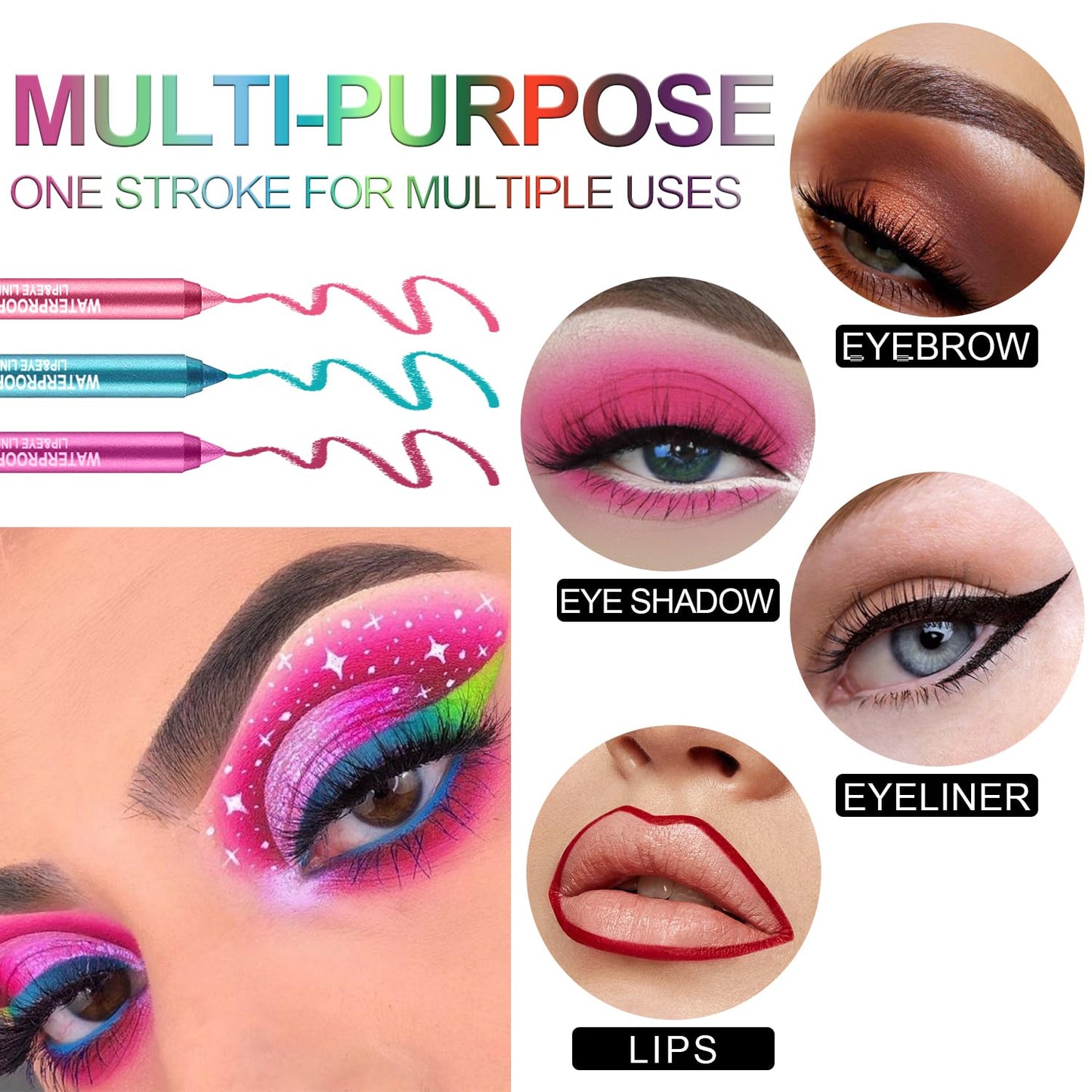 3 Colorful Eyeliner Pen Set, Eye Shadow Pencil, Pearl Eyeliner Kit Metallic Glitter Colored Eye liner for Women Eye&Lip Liner Professional Waterproof Eye Makeup (3PCS B)