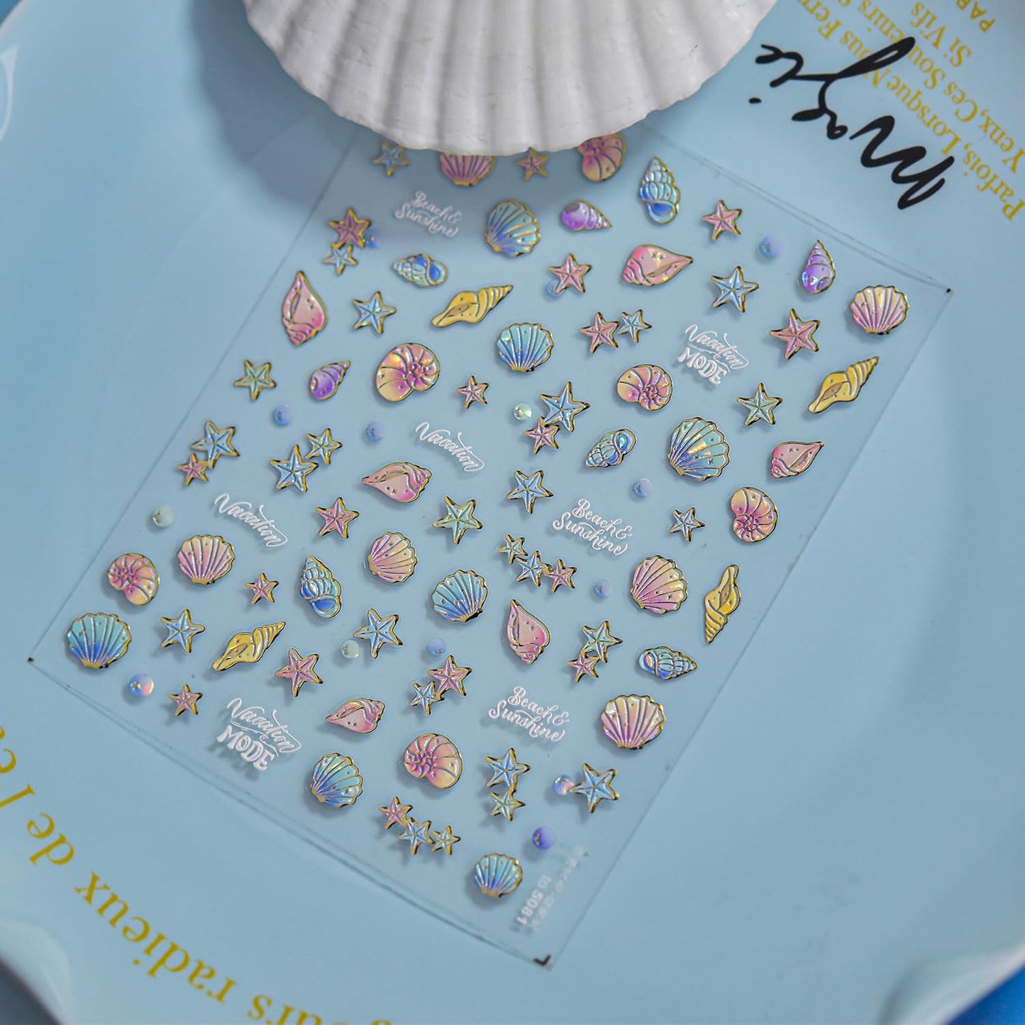 1 Sheet Starfish Nail Art Stickers Holographic Laser Summer Nail Stickers 5D Embossed Self-Adhesive Ocean Nail Decals Conch Seashell Beach Nails Design Nail Supplies for Women Acrylic Nail Decorations