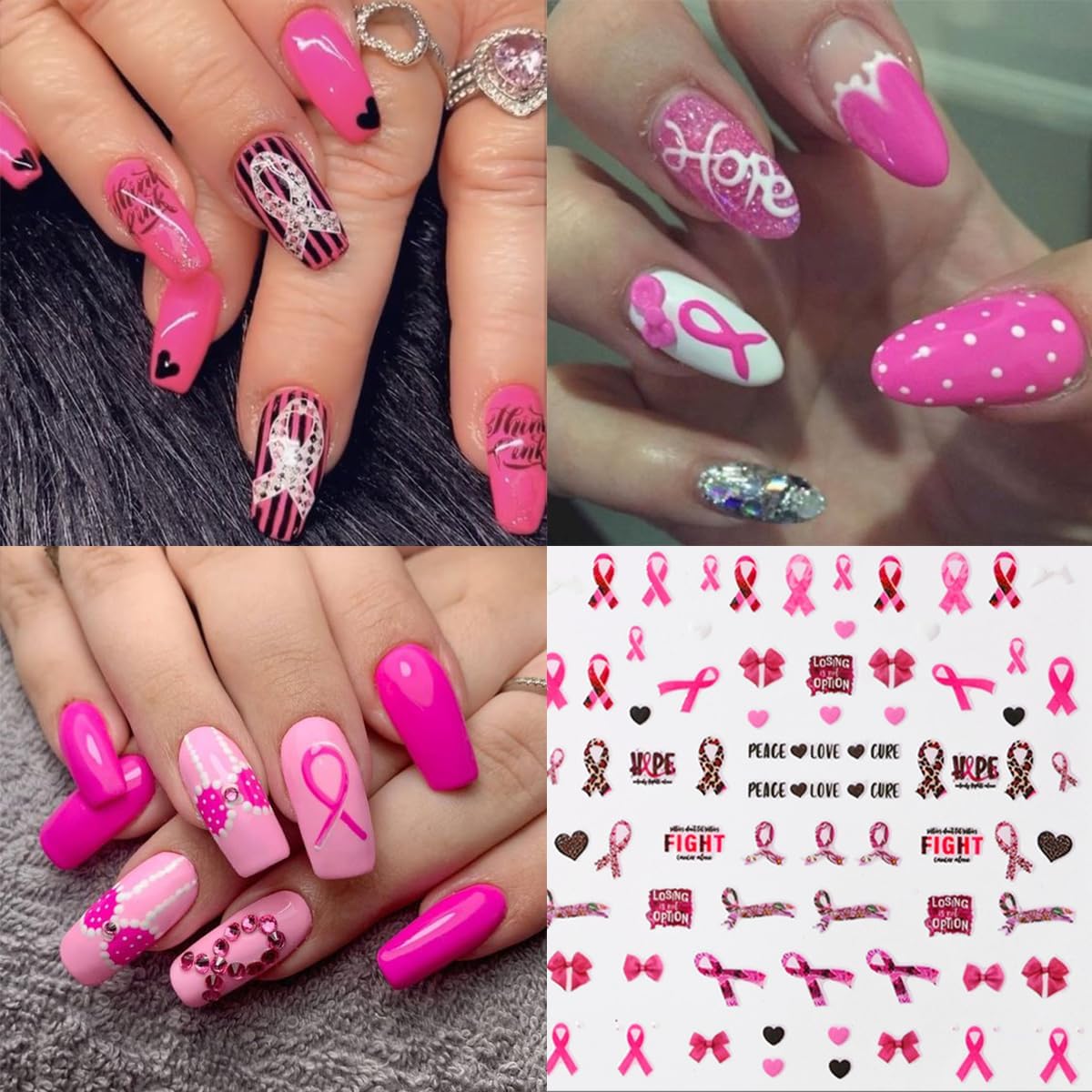Breast Cancer Nail Art Stickers Pink Ribbon Nail Decals 3D Love Heart Bow Self-Adhesive Nail Design Sticker Breast Cancer Awareness Nail Art Supplies Sticker for Women DIY Manicure Decor Tips 6Sheets