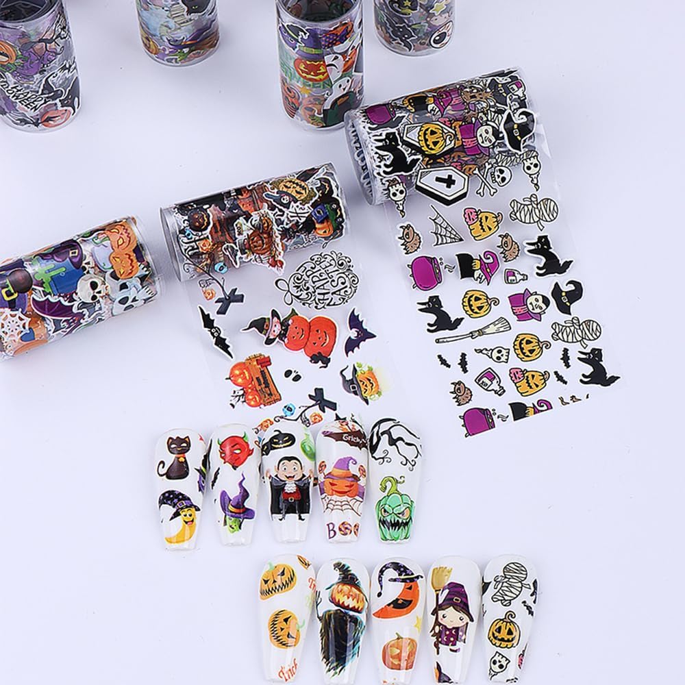 10 Rolls Halloween Nail Foil Transfer Stickers Decals, Kawaii Halloween Nail Polish Sheets Sky Starry Paper Transfer Foils Cartoon Pumpkin Skeleton Glue Women Manicure Nail Film Decorations