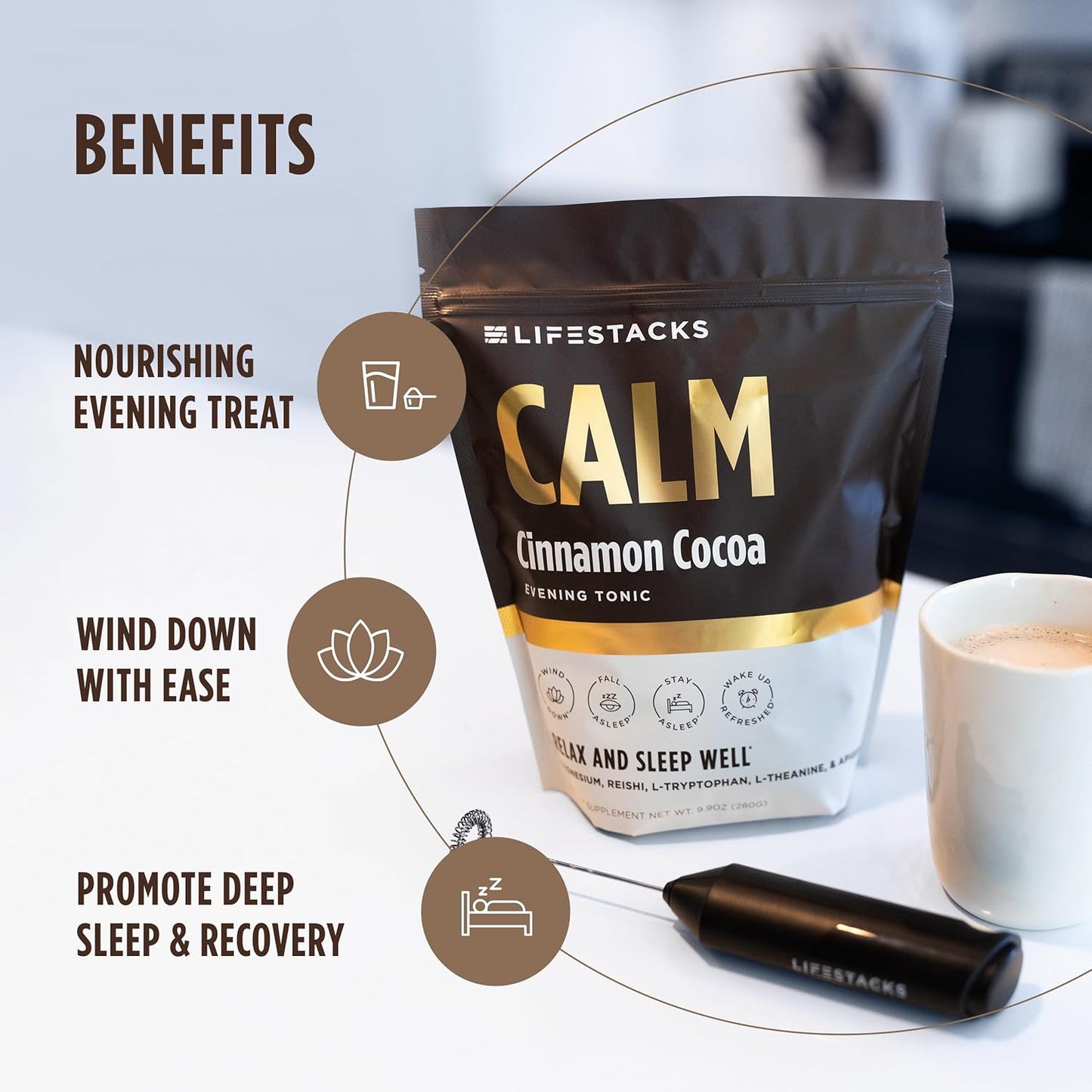 Calm Evening Tonic Sleep Powder - Cinnamon‑Cocoa Nighttime Superfood Drink Mix - Magnesium, L‑Theanine, Reishi Mushroom & L‑Tryptophan for Deep Sleep & Recovery, No Grogginess - 20 Servings