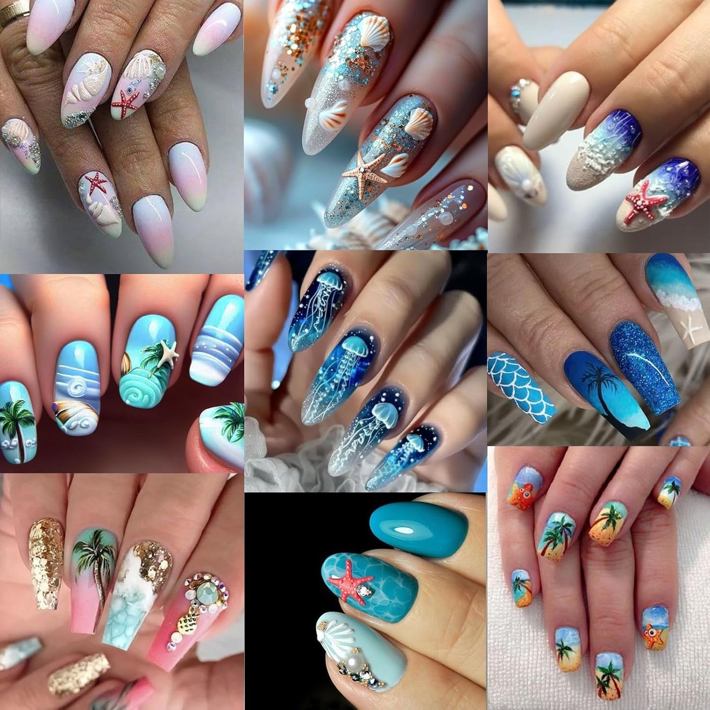 4 Sheets Summer Nail Stickers for Nail Art 5D Summer Nails Decals 3D Self-Adhesive Nails Supplies Accessories Shell Jellyfish Starfish Stickers for Women Nails Decoration