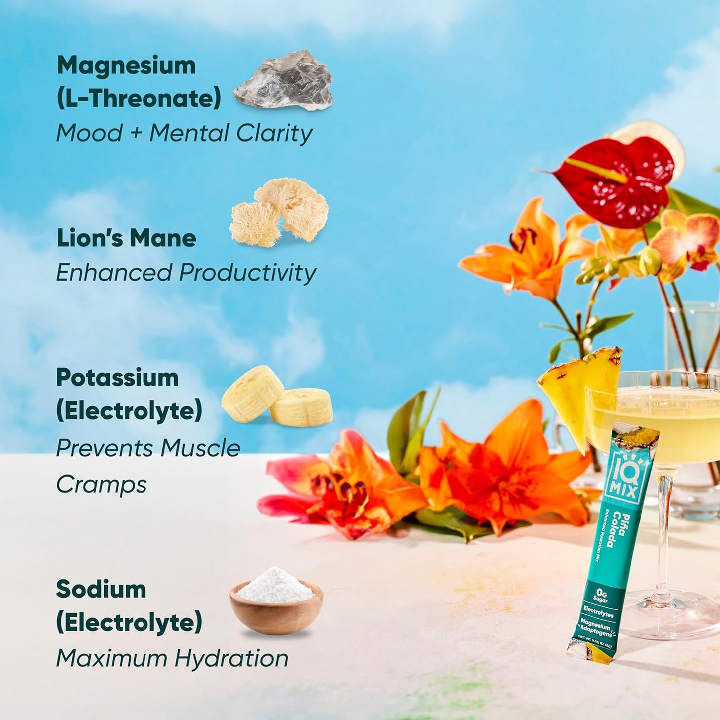 IQMIX Hydration Electrolyte Powder – 4-in-1 Formula for Hydration, Mental Clarity, Mood and Recovery – Sugar-Free Drink Mix, Keto, Magnesium L-Threonate, Lion’s Mane – 40 Count Piña Colada
