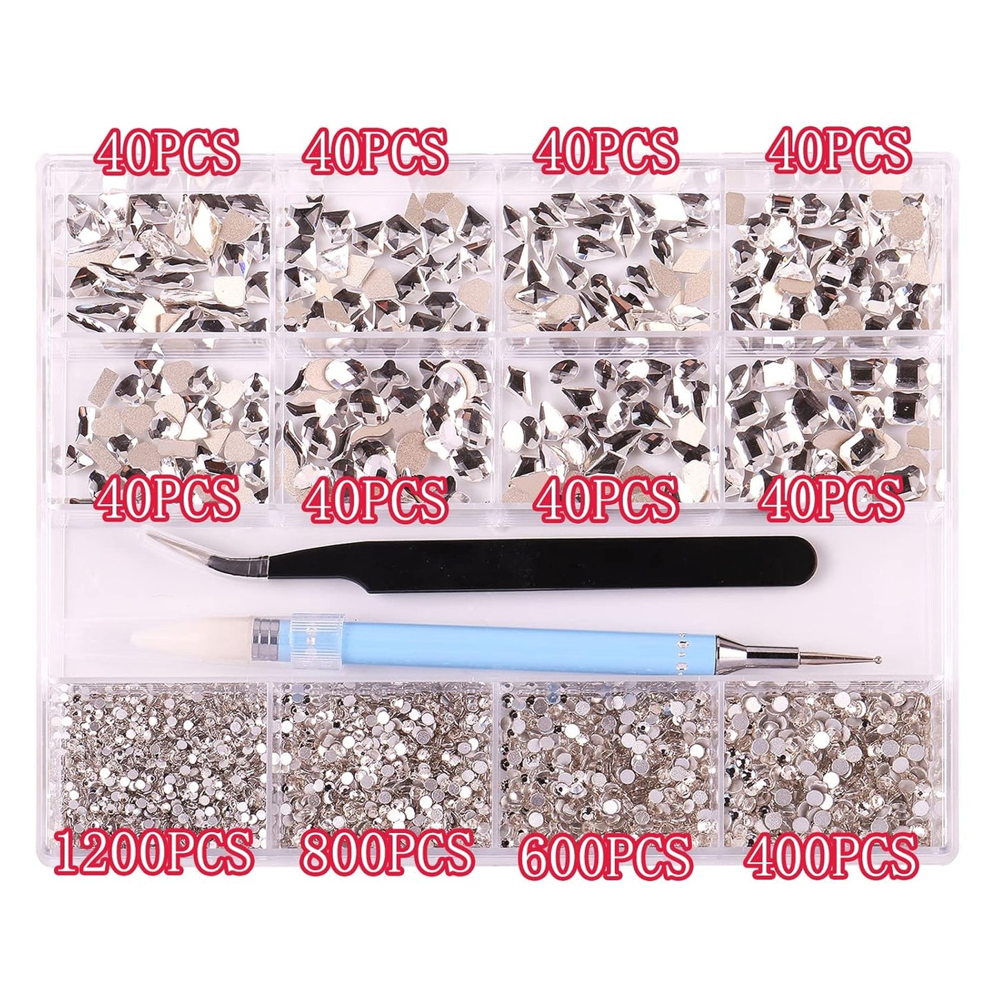 3320Pcs White Nail Art Rhinestones Crystal,HOINCO 3D Rhinestones Gems Jewels Diamond,24 Types of 320 Diamonds + 3000 Round Beads, Crystals 3D Flat Back Gemstones for Nail DIY Crafts with Tweezers Pen