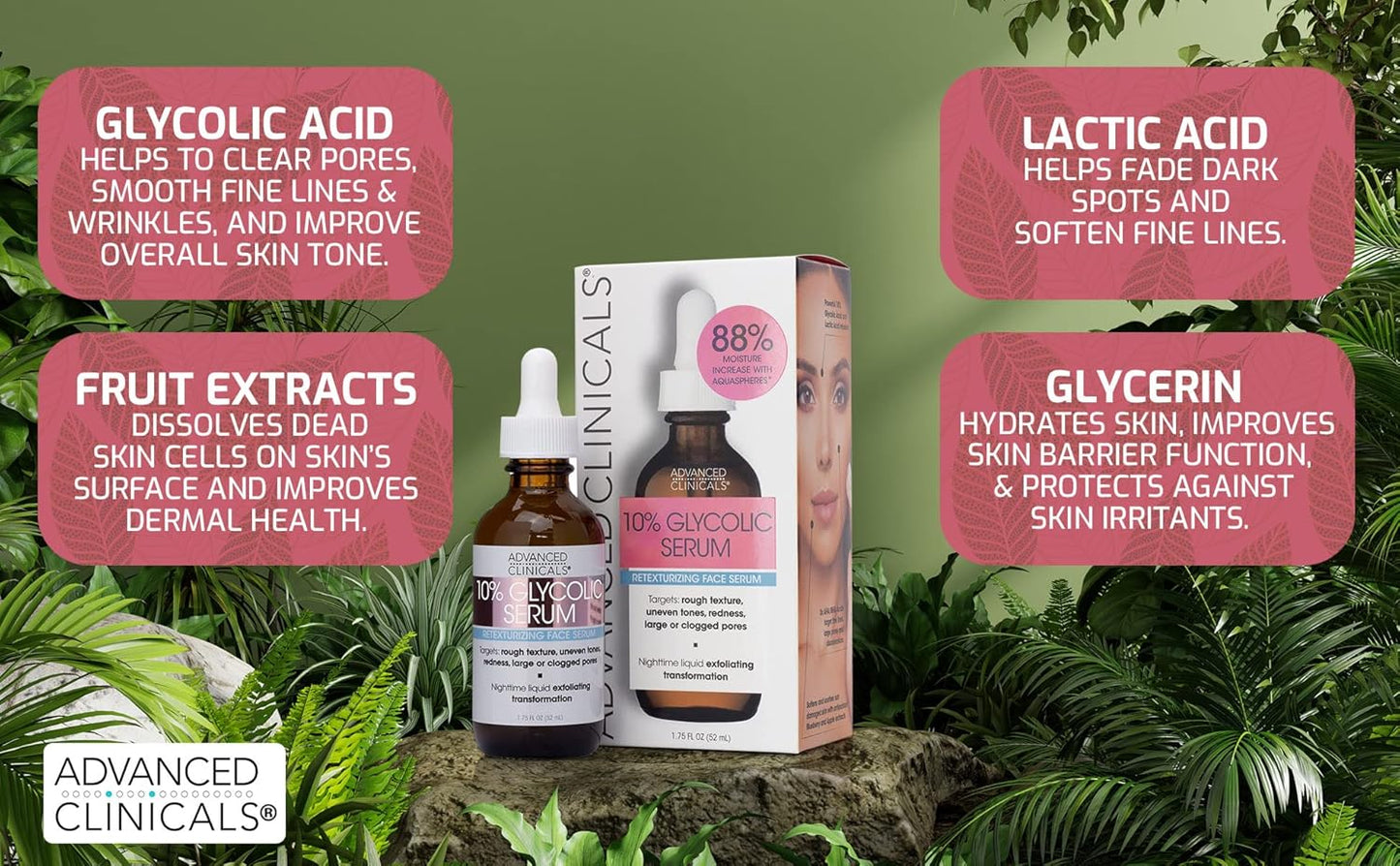 Advanced Clinicals Tea Tree Oil Serum For Face + Vitamin C Serum + Exfoliating 10% Glycolic Acid Serum Skincare Set | Face Serum For Women | Anti Aging Serums To Brighten, Exfoliate, & Hydrate, 3-Set