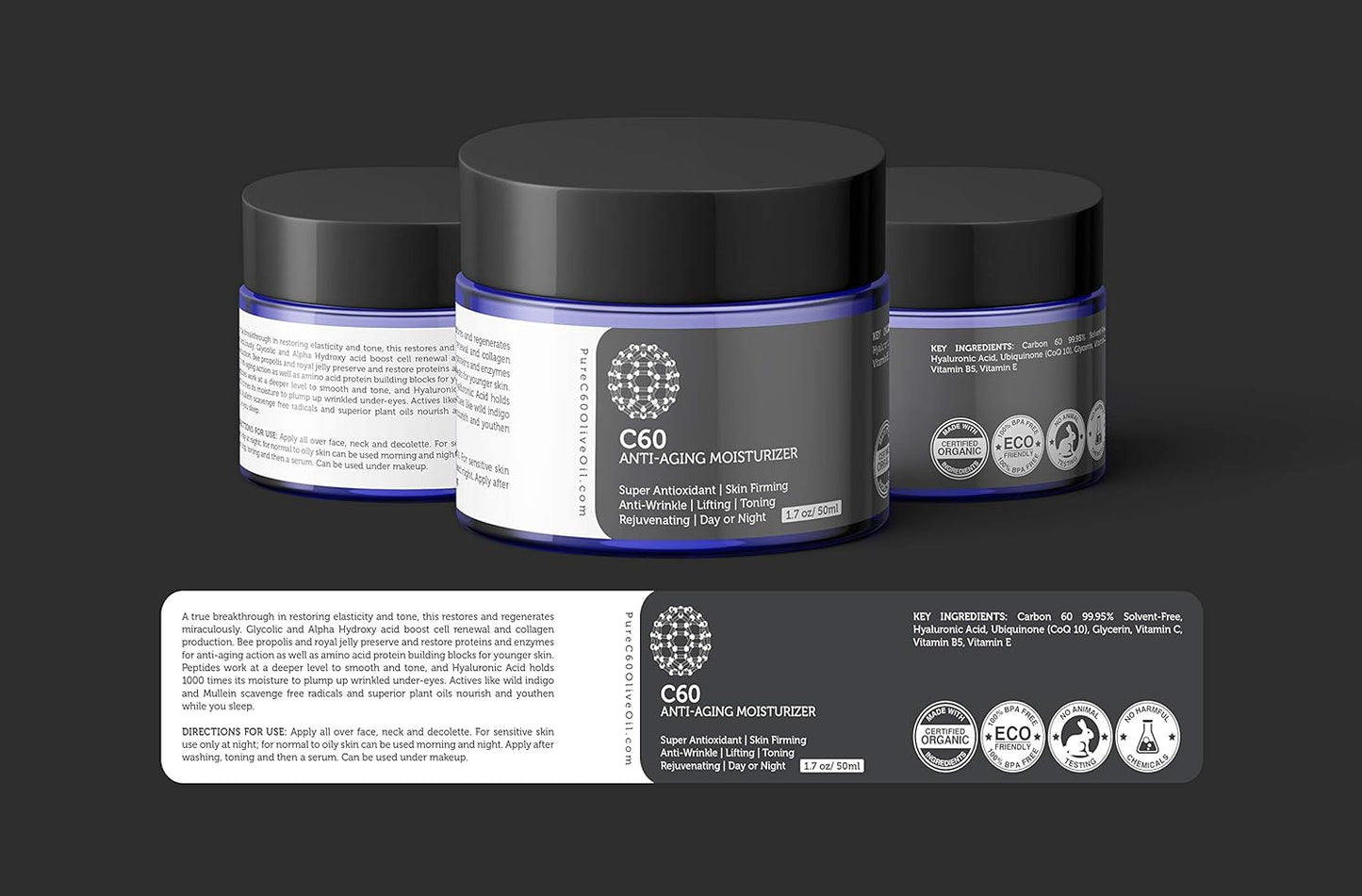 C60 Complete Skin Care Solution - Anti Aging Moisturizer, Mask, Eye Cream and Serum with Carbon 60 Superantioxidant - Brightening for Dark Spots, Even Skin Tone, Eye Area, Fine Lines & Wrinkles